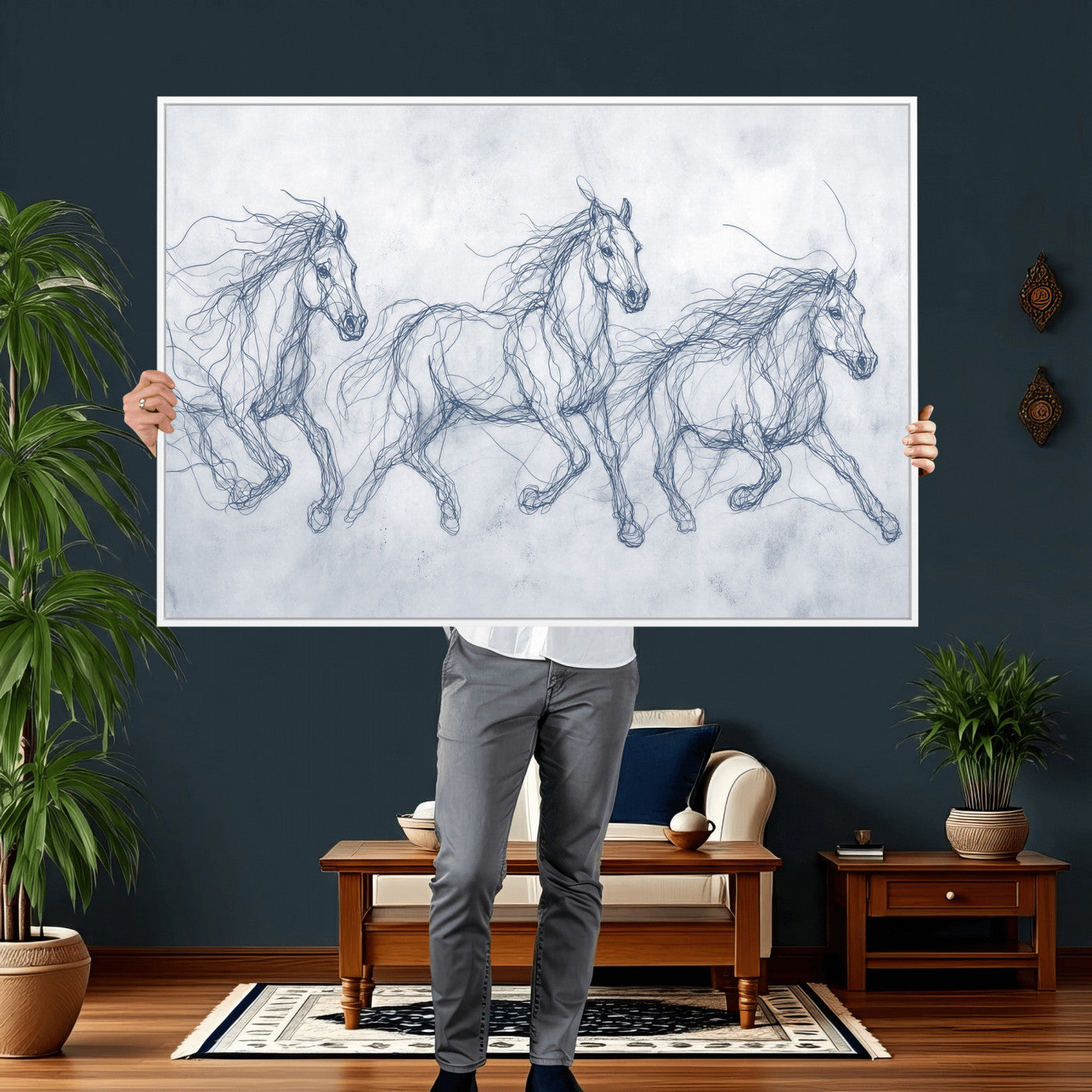 41163601-MGV-CV-36X24 - Indigo Blue Horse Line Art Canvas, Steel Grey Wild Horses Print, Abstract Navy Scribble Artwork, Modern Slate Equine Wall Decor, Coastal Ranch Gift