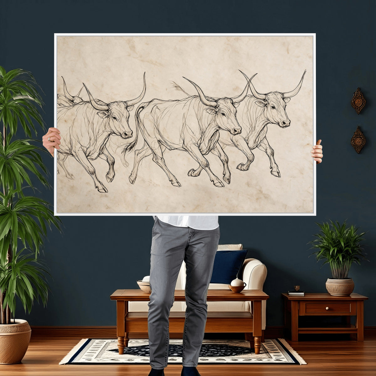 87177621-MGV-CV-36X24 - Minimalist Longhorn Line Art, Modern Texas Bull Canvas Print, Abstract Western Wall Decor, Continuous Line Artwork, Black White Ranch Gift
