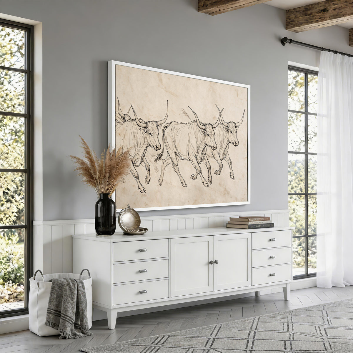 87177621-MGV-CV-36X24 - Minimalist Longhorn Line Art, Modern Texas Bull Canvas Print, Abstract Western Wall Decor