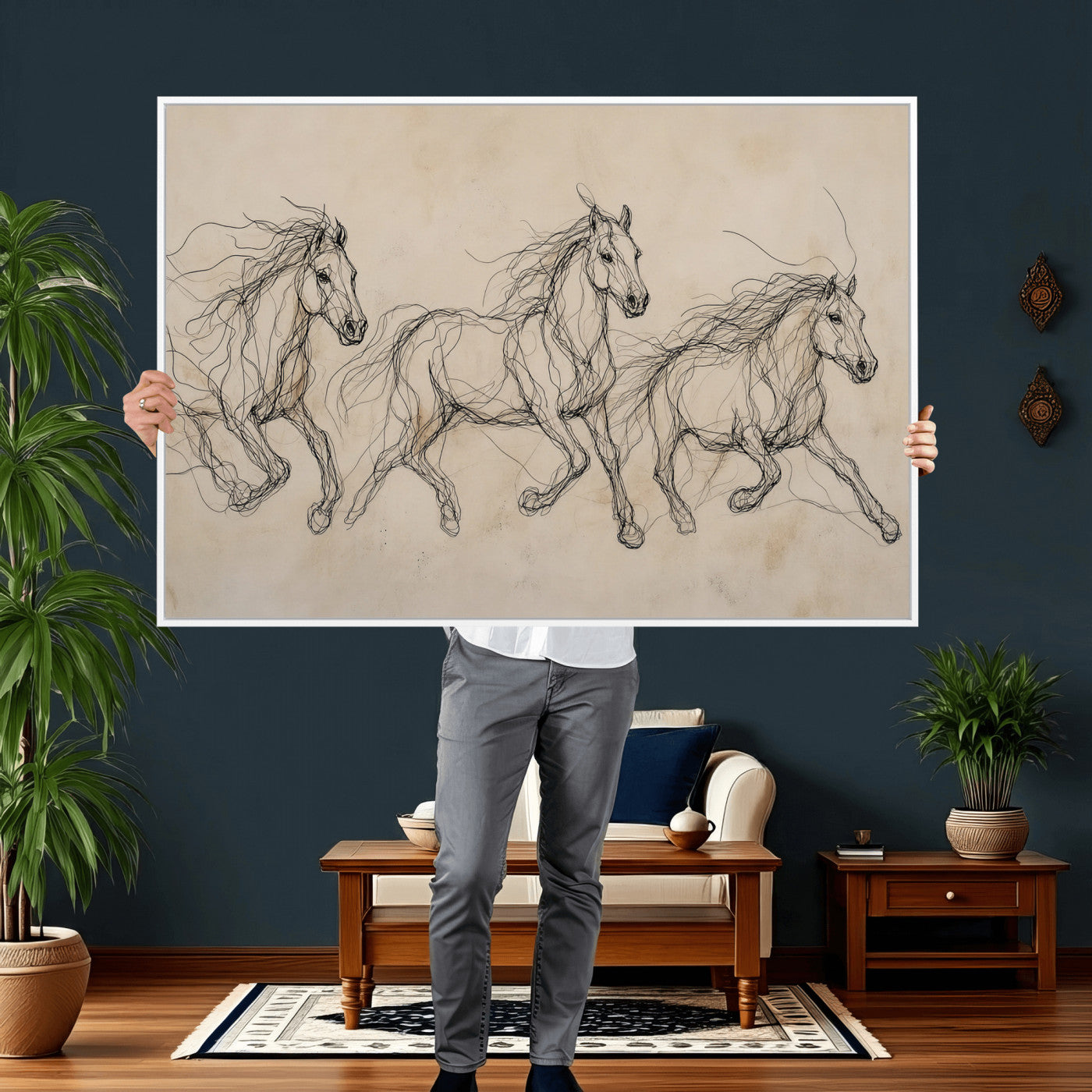 81051673-MGV-CV-36X24 - Abstract Horse Line Art Canvas, Gesture Sketch Wild Horses Print, Modern Scribble Artwork, Minimalist Equine Wall Decor, Rustic Studio Gift