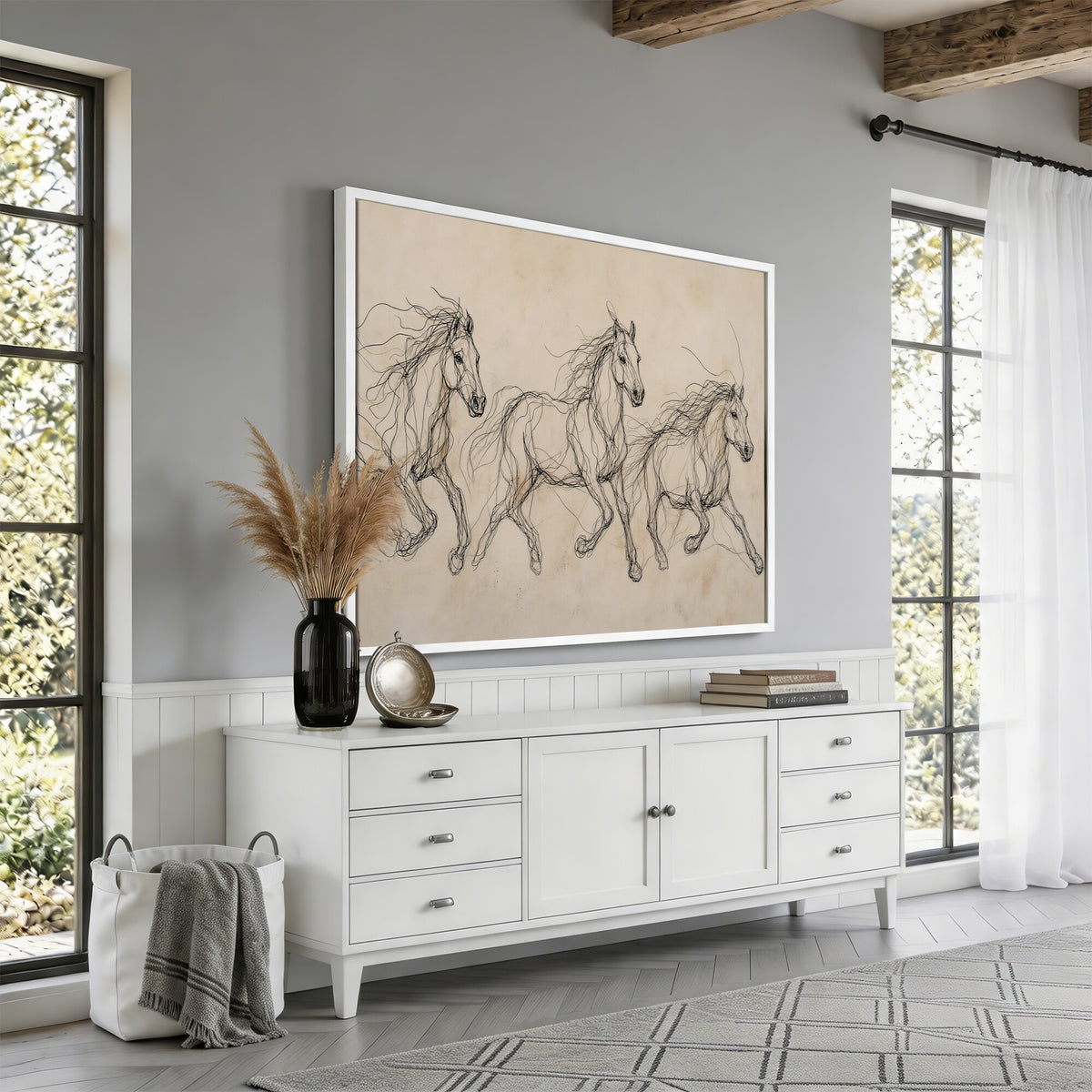 81051673-MGV-CV-36X24 - Abstract Horse Line Art Canvas, Gesture Sketch Wild Horses Print, Minimalist Equine Decor
