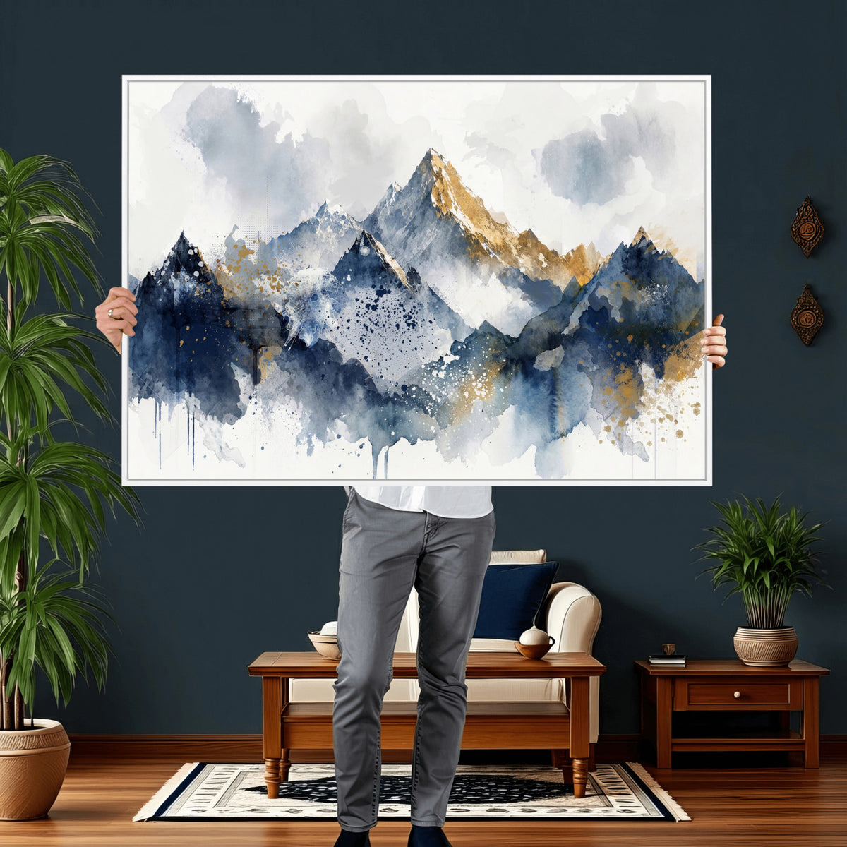 87460616-MGV-CV-36X24 - Abstract Mountain Canvas Wall Art, Blue Gold Foil Landscape Print, Modern Indigo Watercolor Poster, Large Abstract Nature, Luxury Office Gift