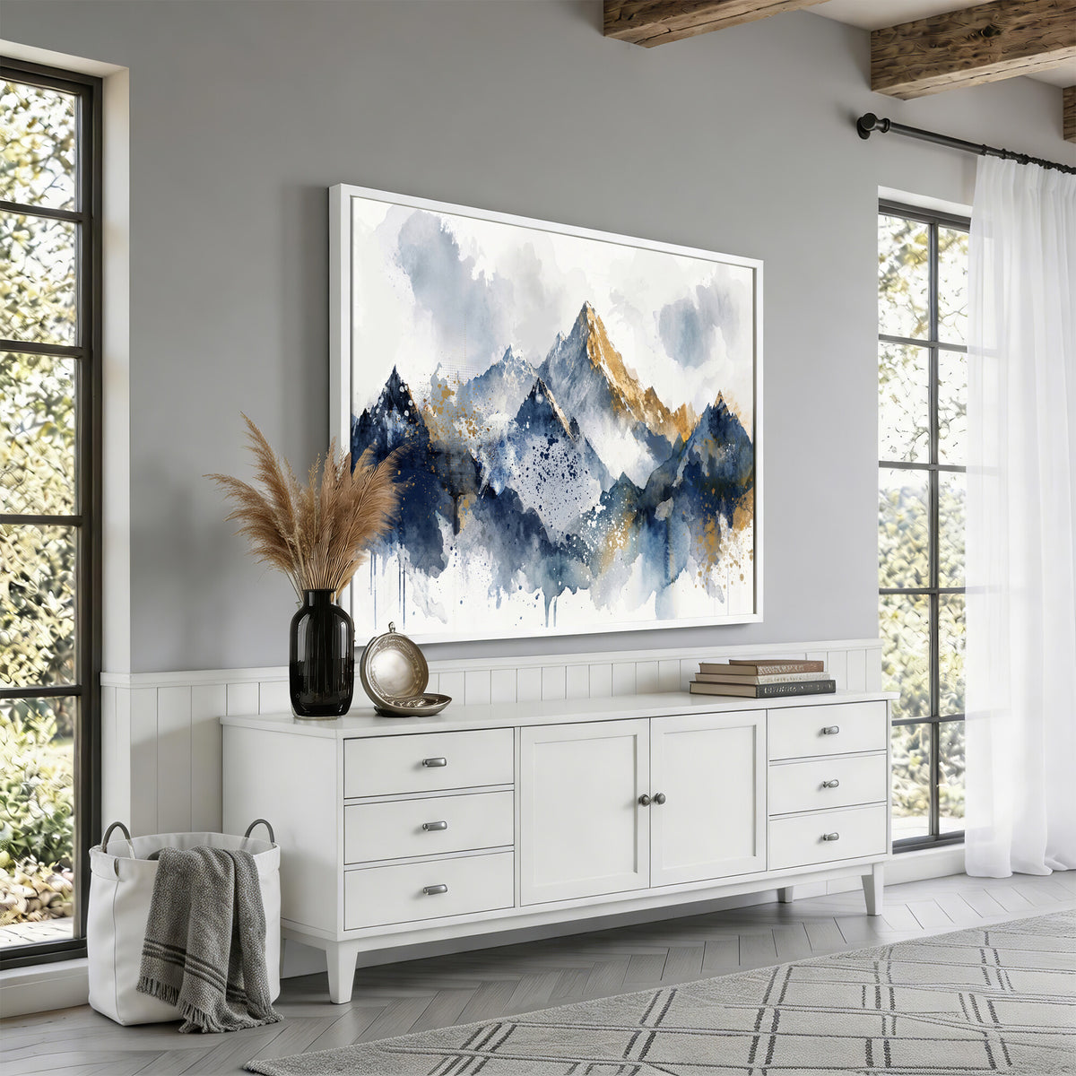 87460616-MGV-CV-36X24 - Abstract Mountain Canvas Wall Art, Blue Gold Foil Landscape Print, Modern Indigo Wall Decor