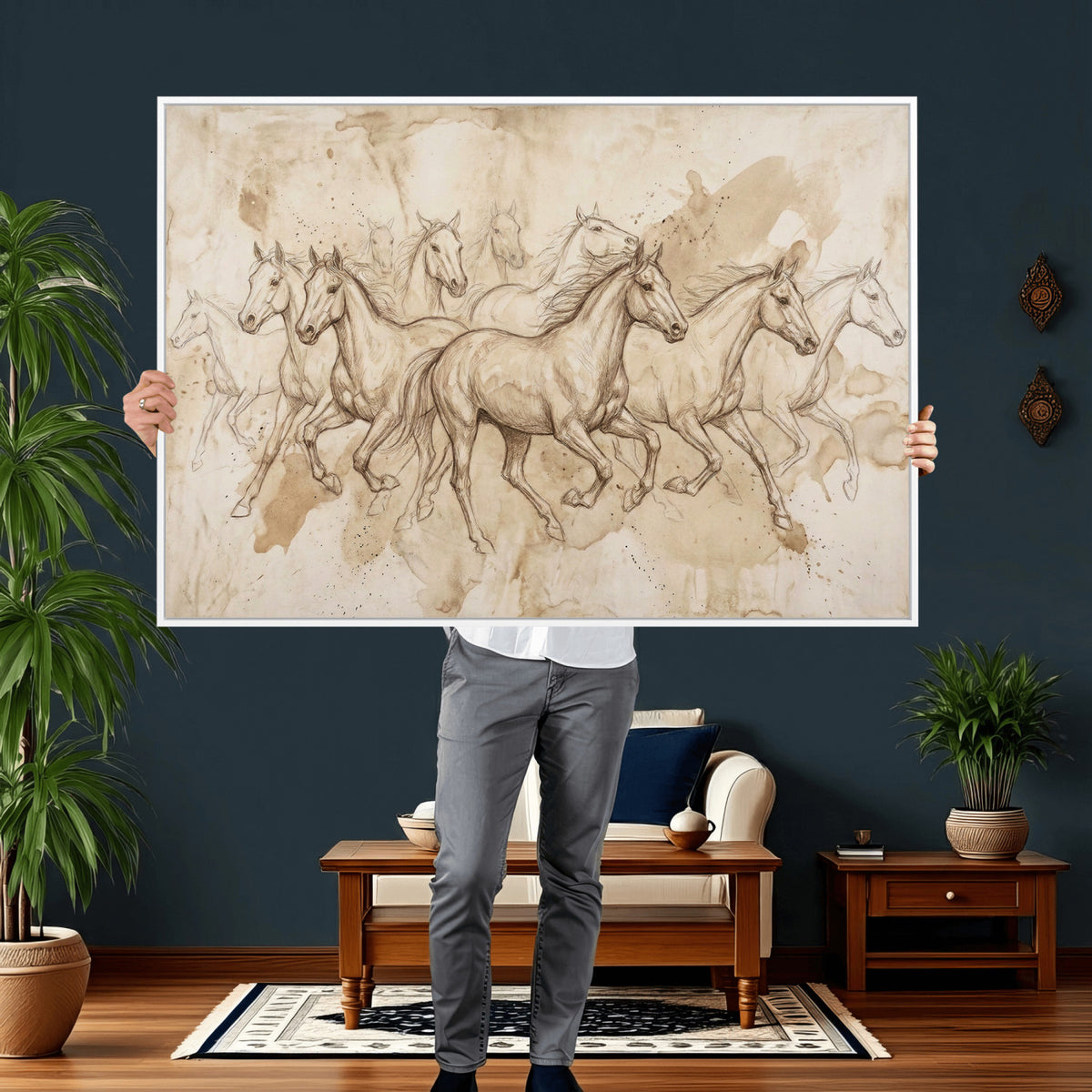 52233469-MGV-CV-36X24 - Vintage Horse Sketch Canvas Wall Art, Wild Horses Pencil Drawing Print, Antique Parchment Western Decor, Equine Sketching, Country Manor Gift