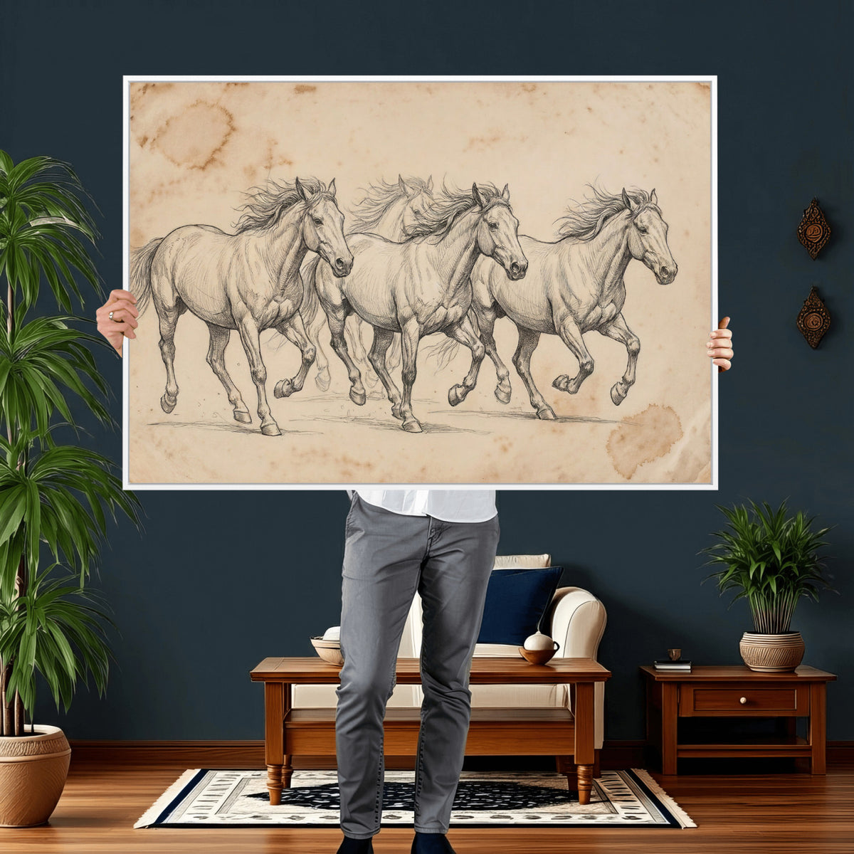 16644391-MGV-CV-36X24 - Vintage Horse Sketch Canvas Wall Art, Wild Horses Pencil Drawing Print, Antique Parchment Western Decor, Equine Sketching, Country Manor Gift