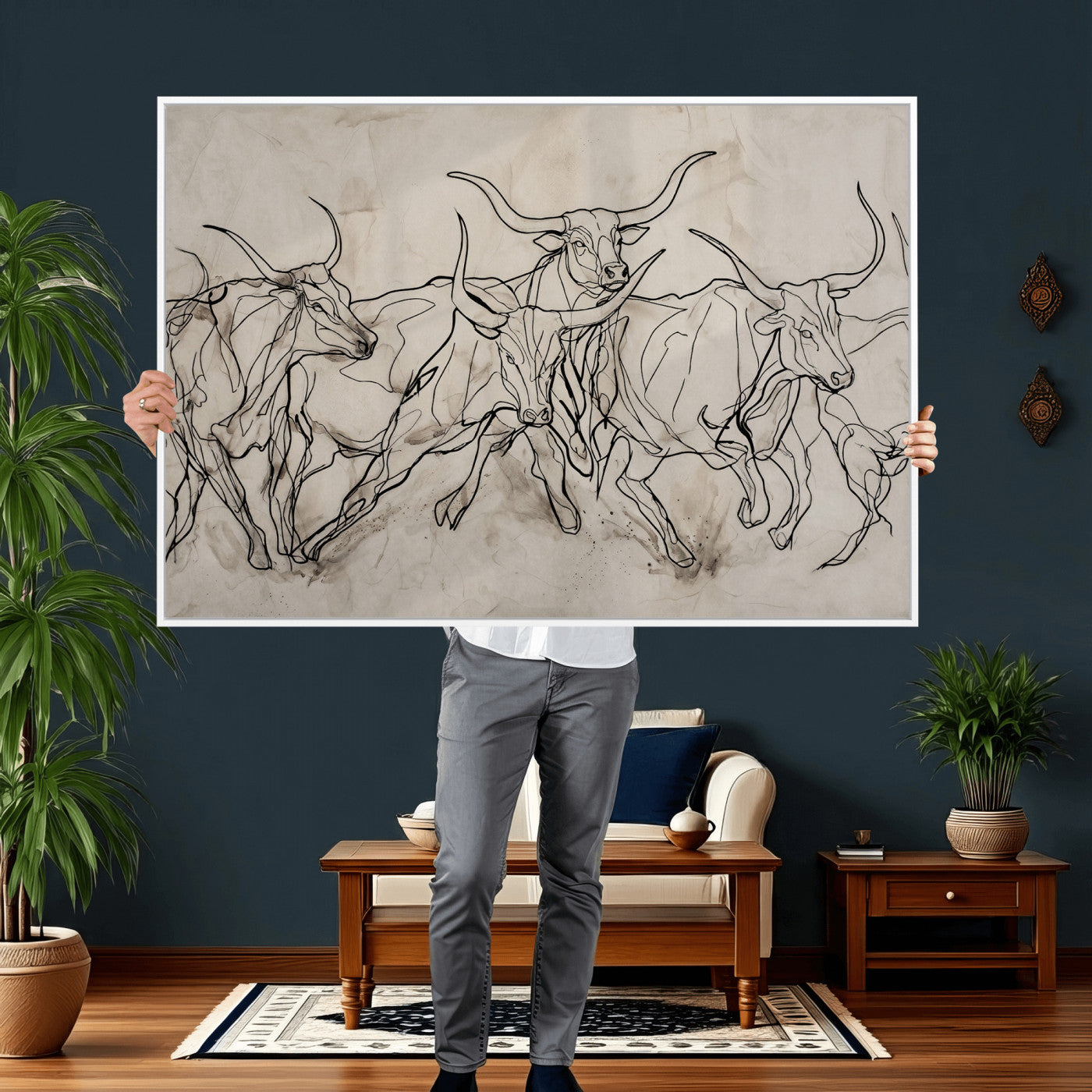 16671245-MGV-CV-36X24 - Minimalist Longhorn Line Art, Modern Texas Bull Canvas Print, Abstract Western Wall Decor, Continuous Line Artwork, Black White Ranch Gift