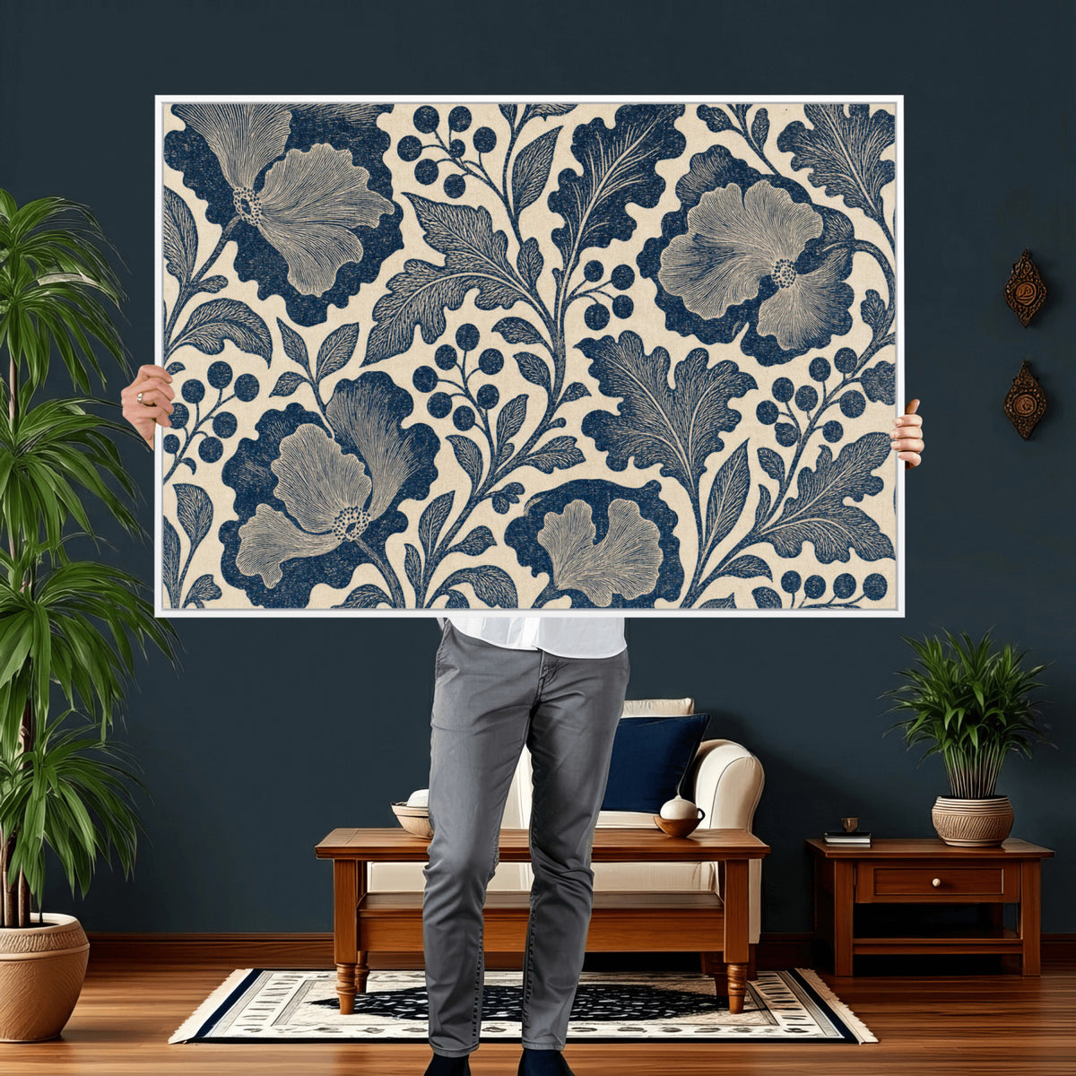 23824002-MGV-CV-36X24 - William Morris Style Navy Blue Floral Wall Art Canvas Print, Vintage Cream Botanical Painting Print