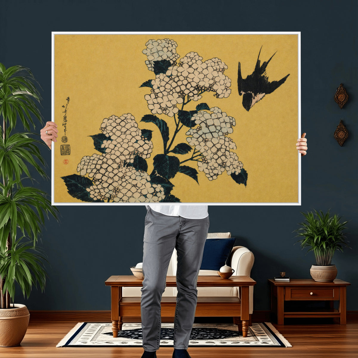 92483501-MGV-CV-36X24 - Katsushika Hokusai Hydrangea and Swallow Wall Art Canvas Print, Japanese Woodblock Painting Print