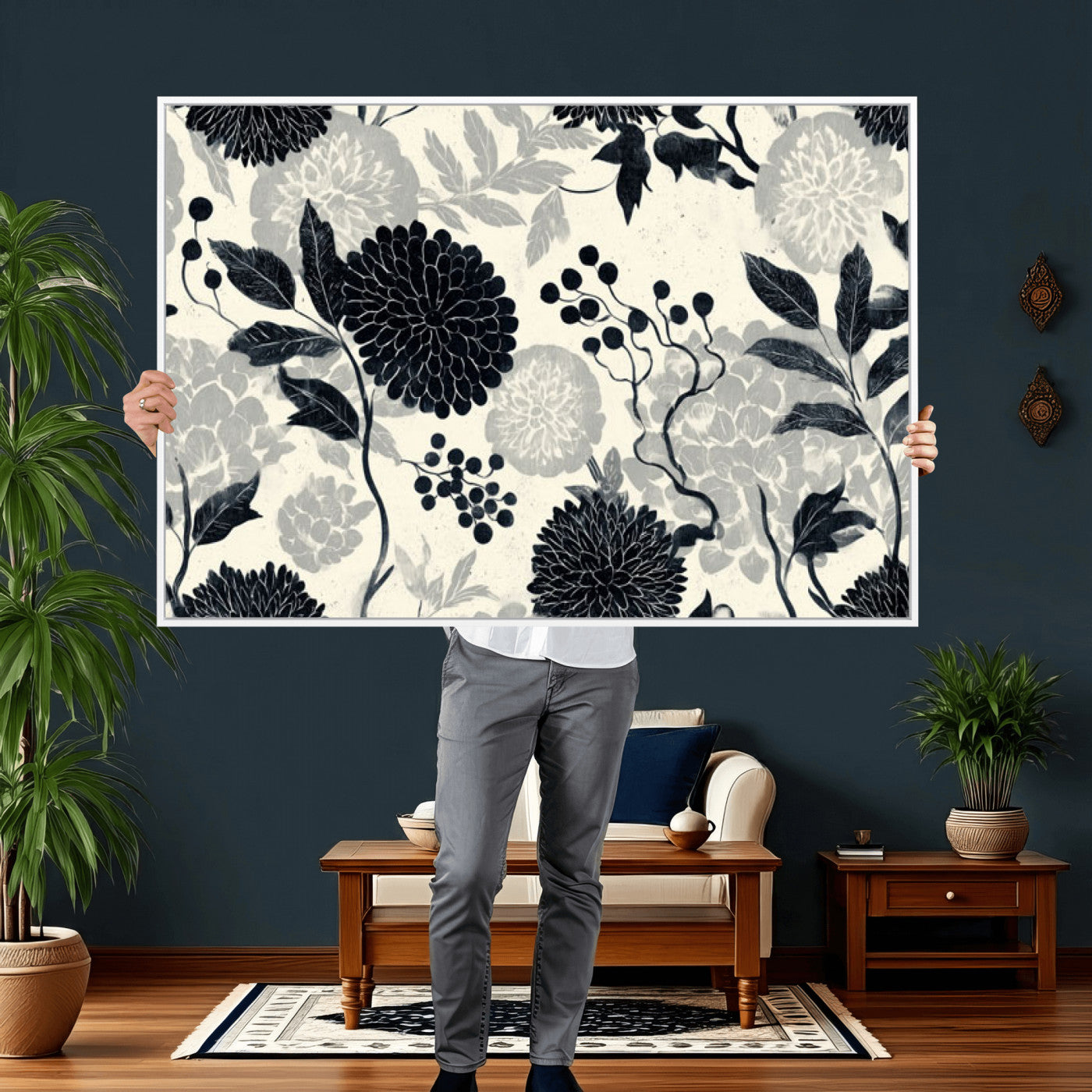 61524791-MGV-CV-36X24 - Vintage Black Chrysanthemum Wall Art Canvas Print, Monochrome Dhalia Floral Painting Print