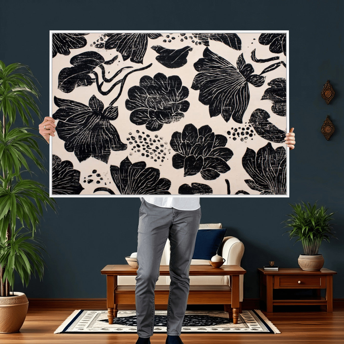 81787117-MGV-CV-36X24 - Linocut Black Lotus Floral Wall Art Canvas Print, Vintage Monochrome Botanical Painting Print