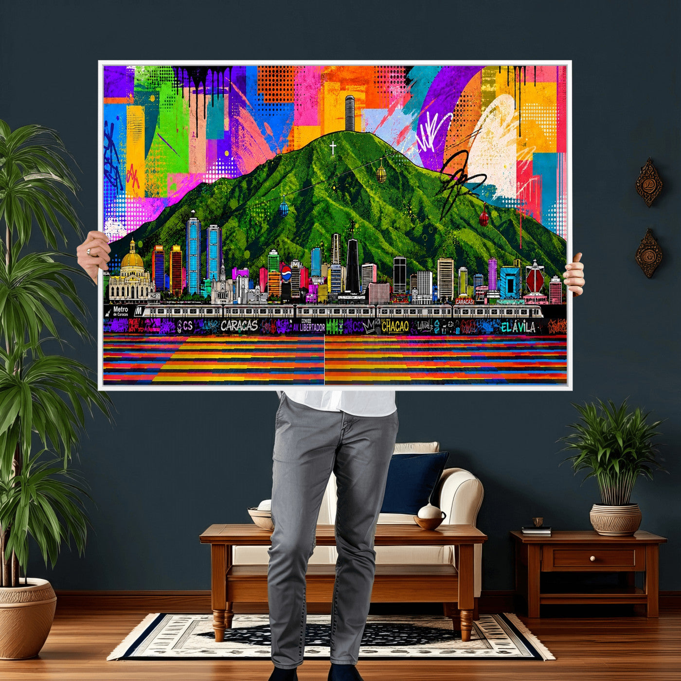 86696255-MGV-CV-36X24 - Mount Ávila, Caracas, Venezuela Wall Art Print by Artist Yorlette - Graffiti Caracas Skyline Canvas Art, Colorful Street Artwork - Venezuela El Avila Poster Print