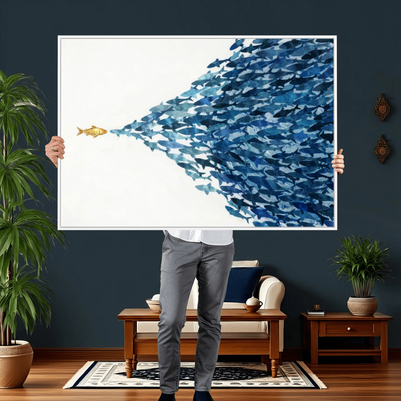 79089639-MGV-CV-36X24 - Abstract Blue Fish School Canvas Wall Art, Gold Foil Accent Marine Print