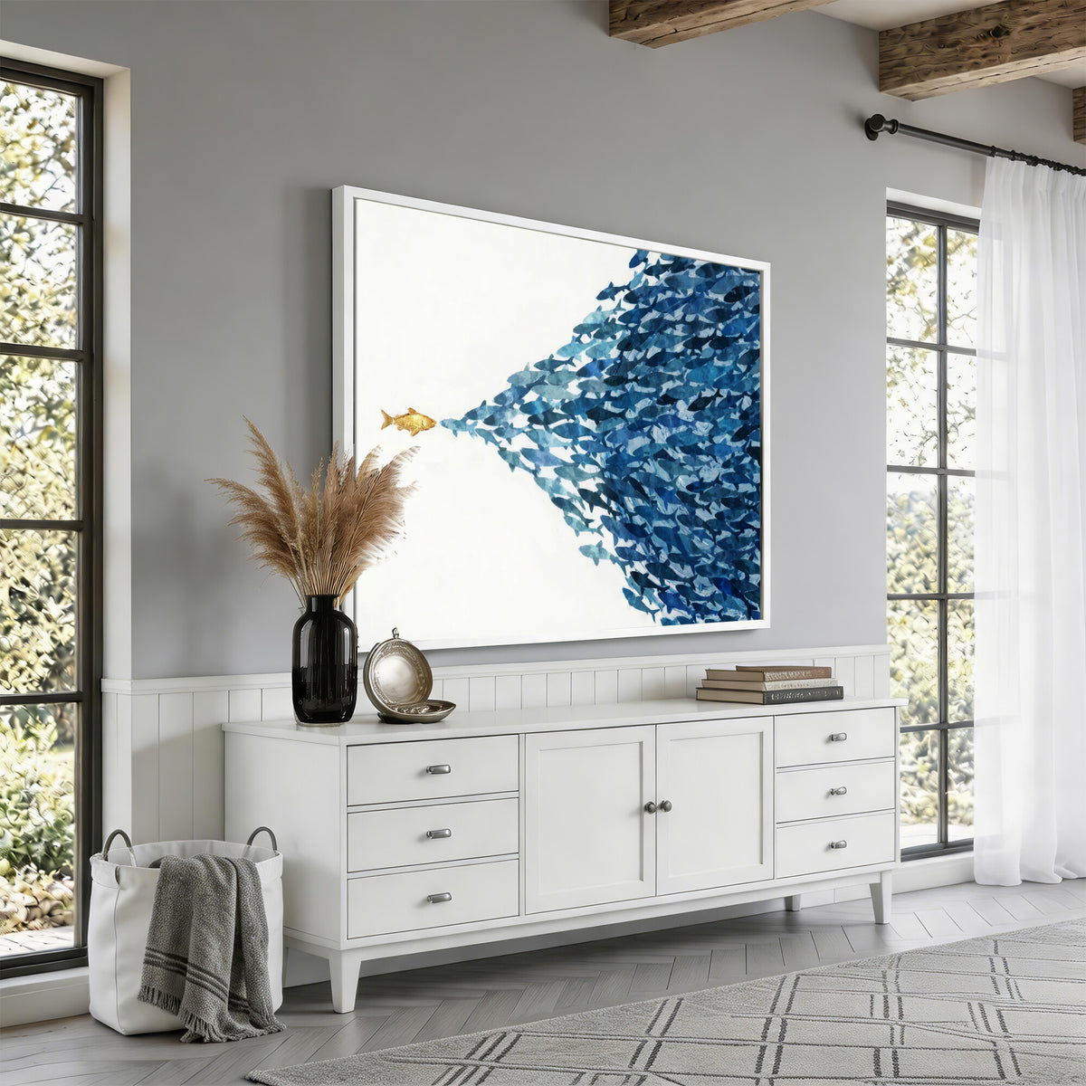 79089639-MGV-CV-36X24 - Abstract Blue Fish School Canvas Wall Art, Gold Foil Accent Marine Print