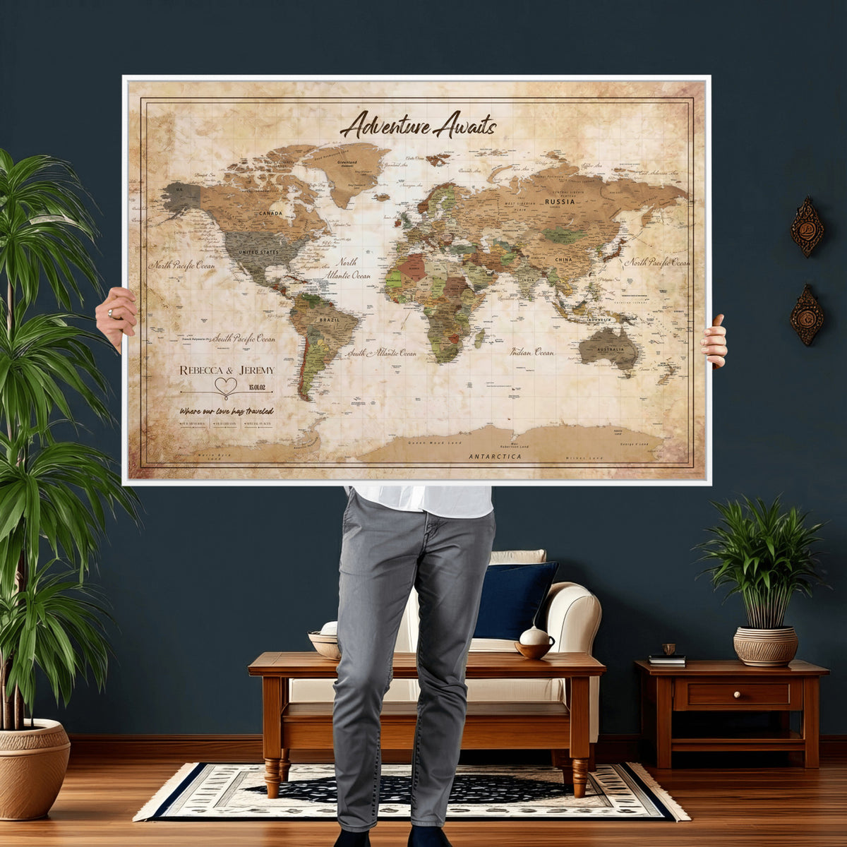 1954256765-MGV-CV-36X24 - Custom Push Pin World Map Canvas PRINT | Personalized Travel Tracker | Wedding Anniversary Gift