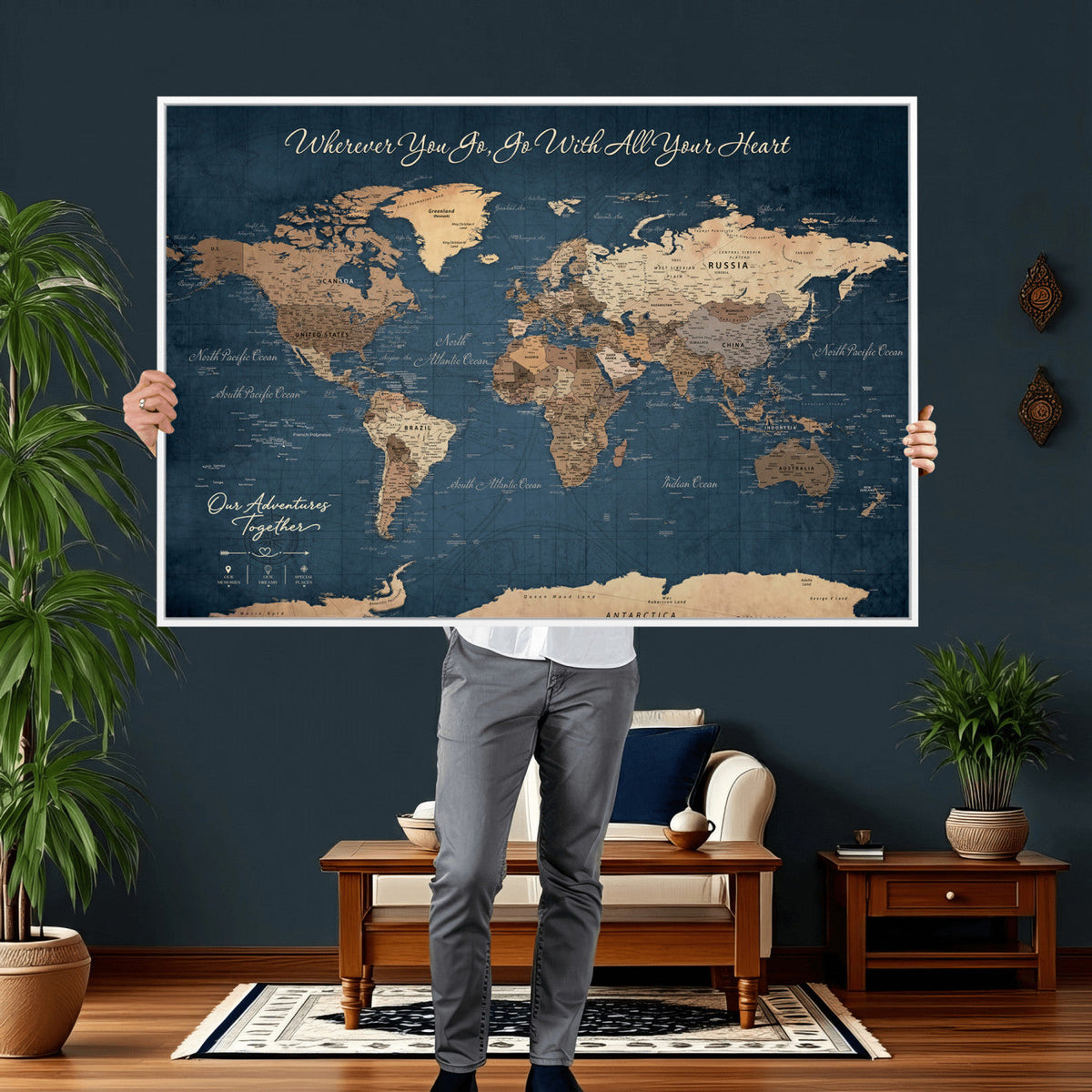 86810631-MGV-CV-36X24 - Our Family Adventures Push Pin World Map Wall Art Canvas Print - Family Travel Tracker Map with Pins