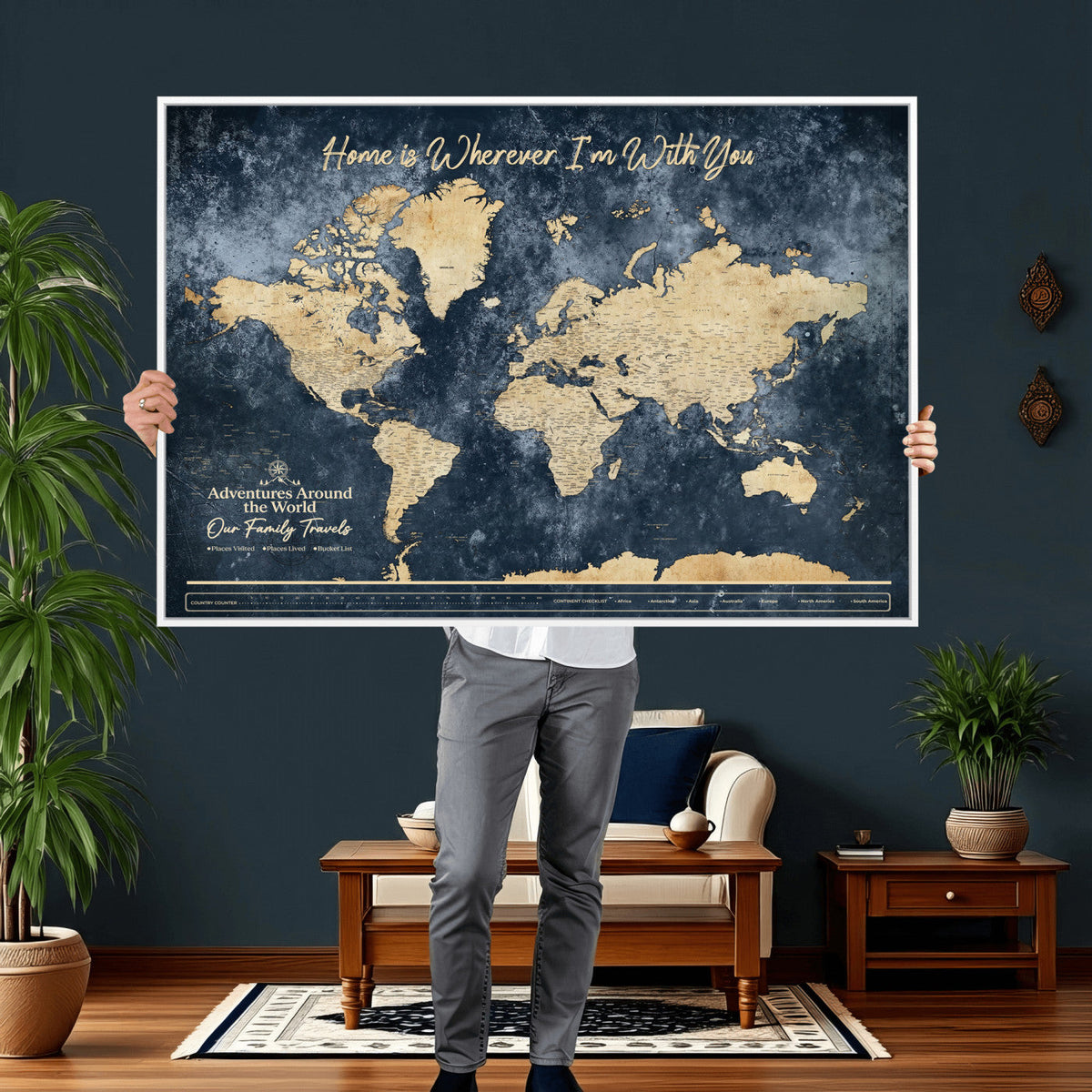 98668848-MGV-CV-36X24 - Our Family Adventures Push Pin World Map Wall Art Canvas Print - Family Travel Tracker Map with Pins