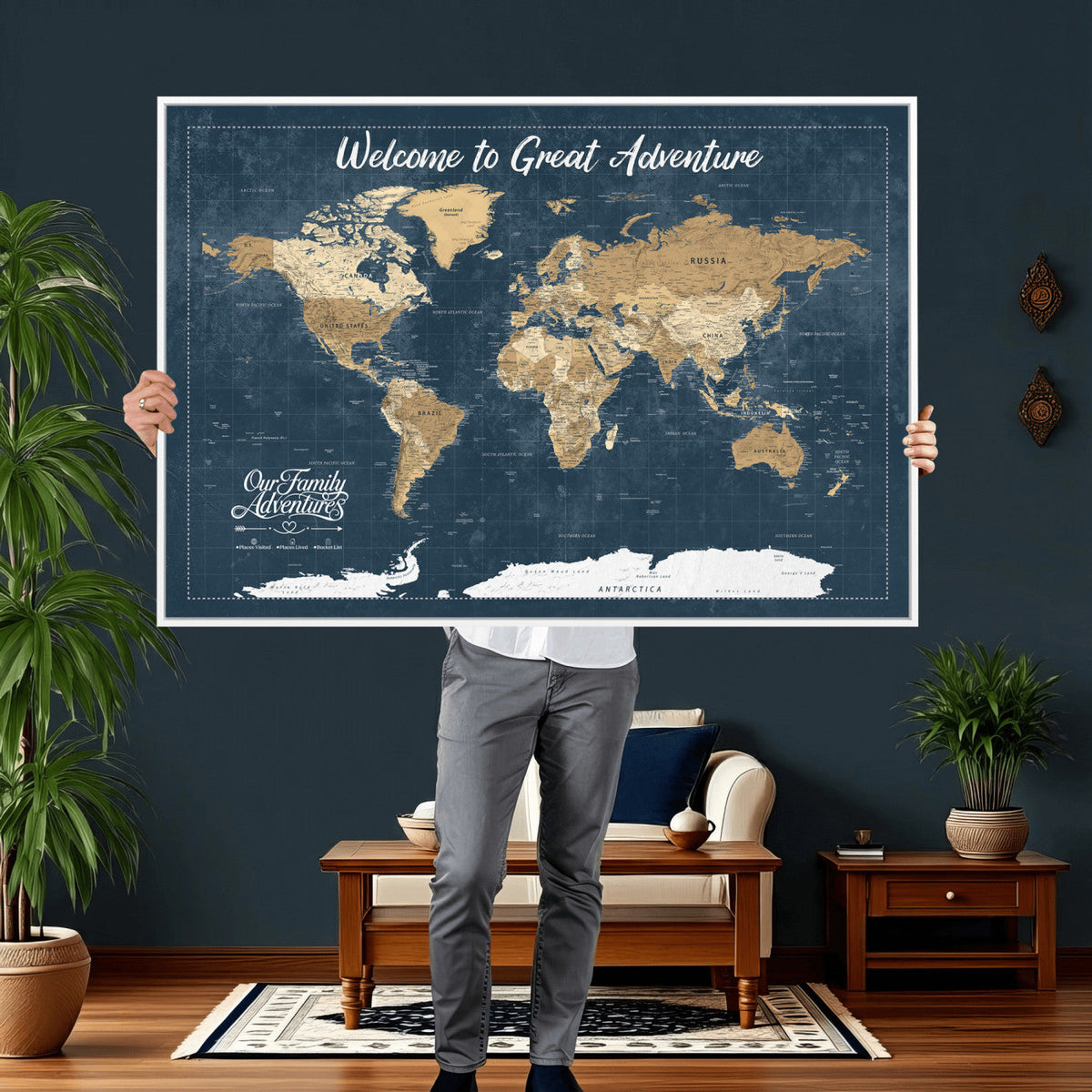 86877844-MGV-CV-36X24 - Our Family Adventures Push Pin World Map Wall Art Canvas Print - Family Travel Tracker Map with Pins