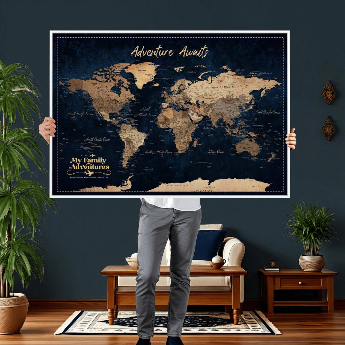 82827666-MGV-CV-36X24 - Our Family Adventures Push Pin World Map Wall Art Canvas Print - Family Travel Tracker Map with Pins