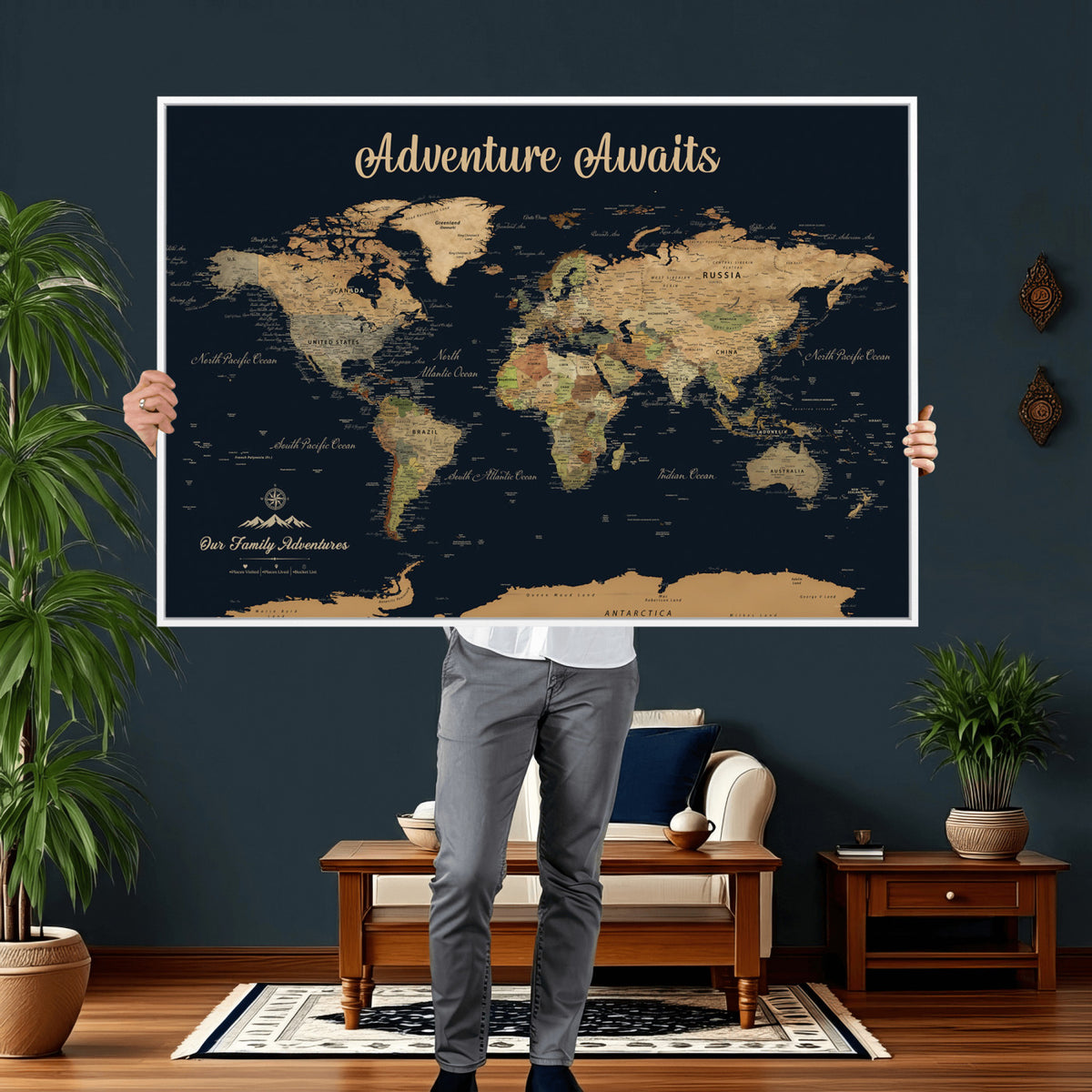 88994085-MGV-CV-36X24 - Our Family Adventures Push Pin World Map Wall Art Canvas Print - Family Travel Tracker Map with Pins