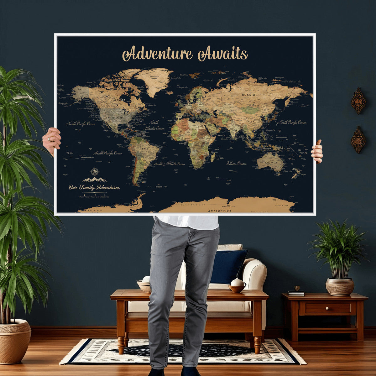 88994085-MGV-CV-36X24 - Our Family Adventures Push Pin World Map Wall Art Canvas Print - Family Travel Tracker Map with Pins