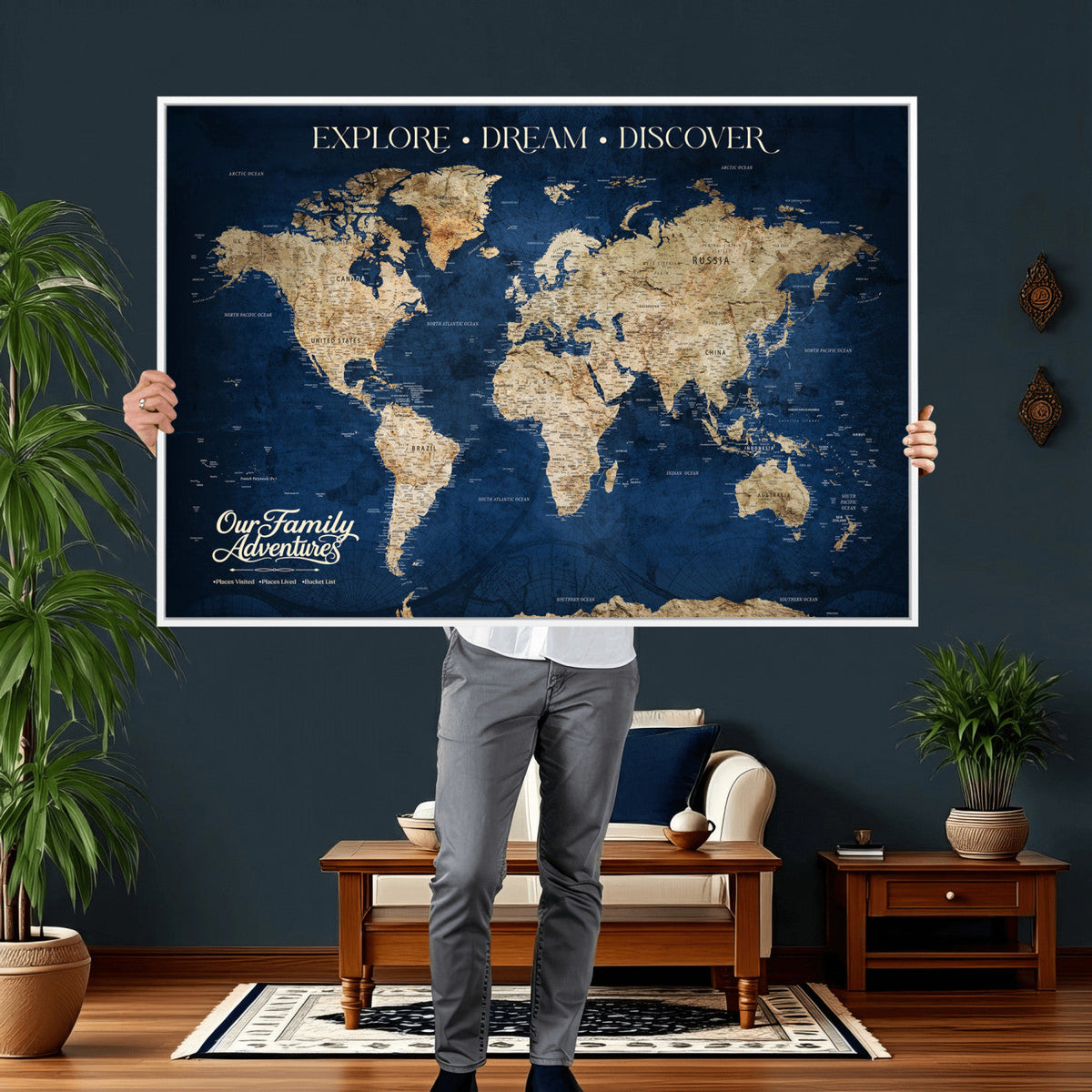 96125512-MGV-CV-36X24 - Our Family Adventures Push Pin World Map Wall Art Canvas Print - Family Travel Tracker Map with Pins