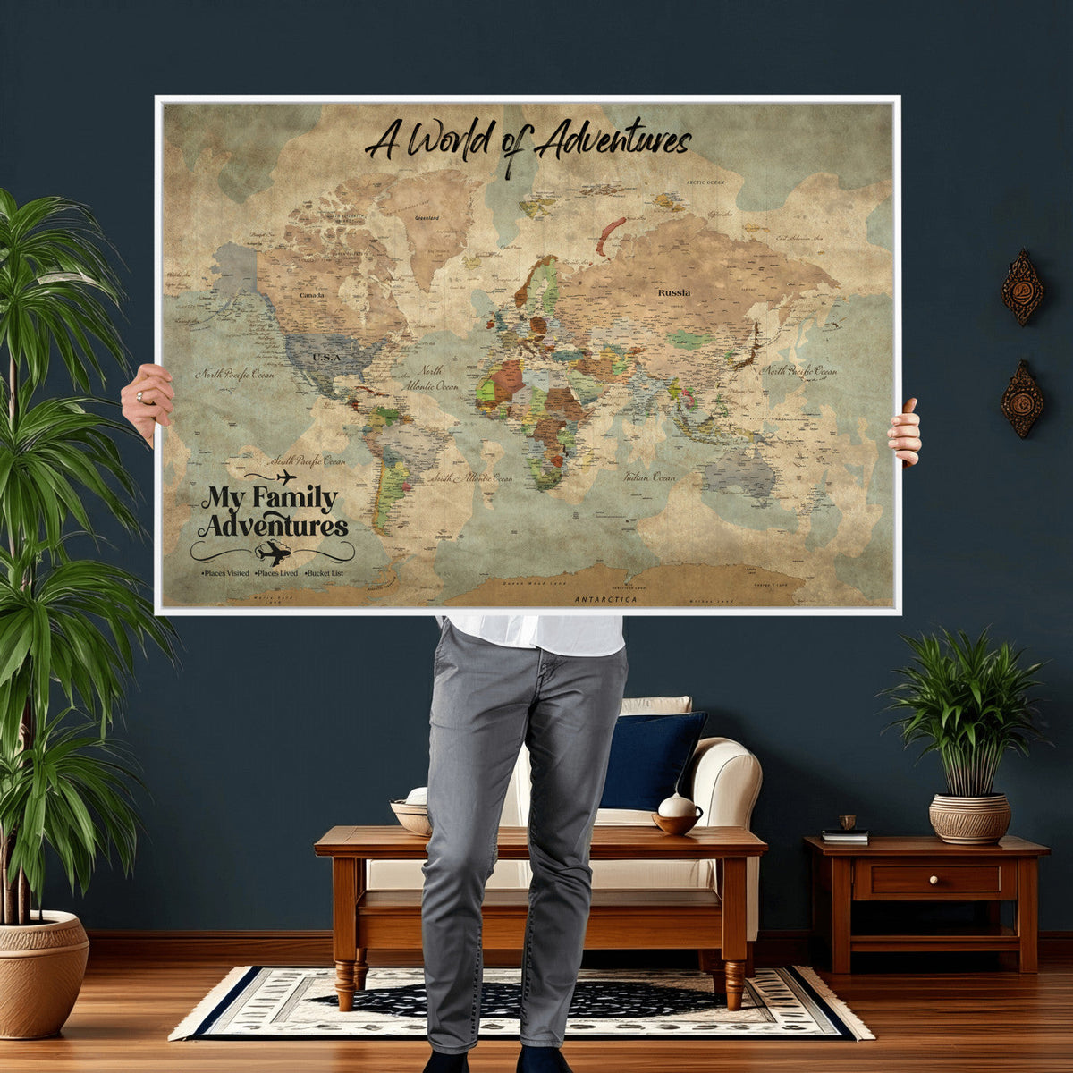 57377793-MGV-CV-36X24 - Our Family Adventures Push Pin World Map Wall Art Canvas Print - Family Travel Tracker Map with Pins