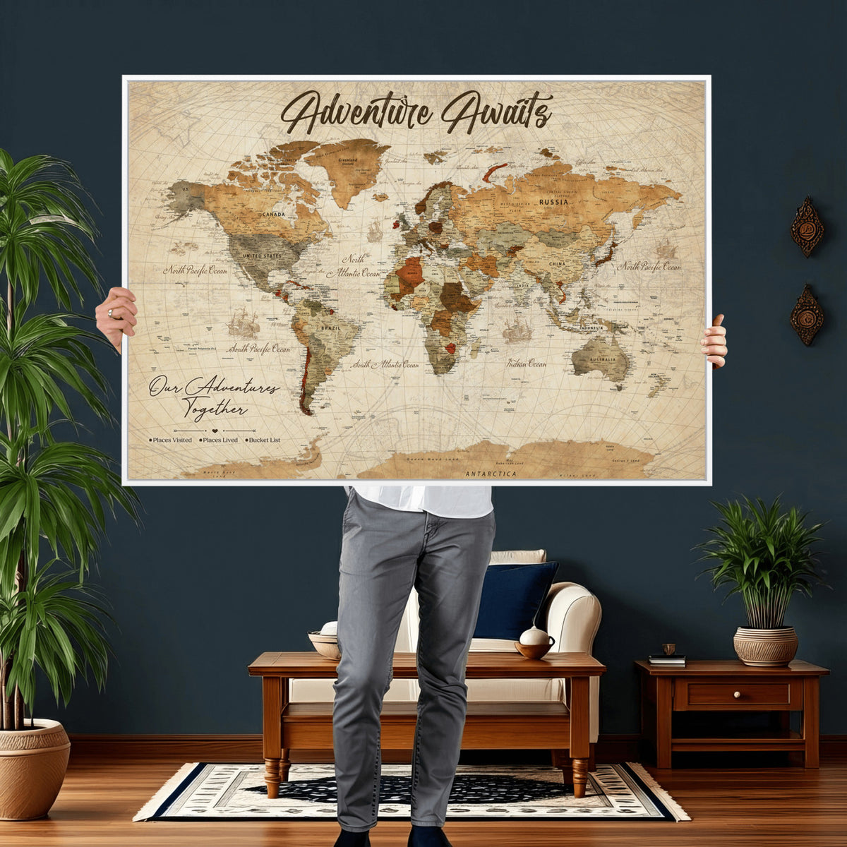 94237870-MGV-CV-36X24 - Our Family Adventures Push Pin World Map Wall Art Canvas Print - Family Travel Tracker Map with Pins