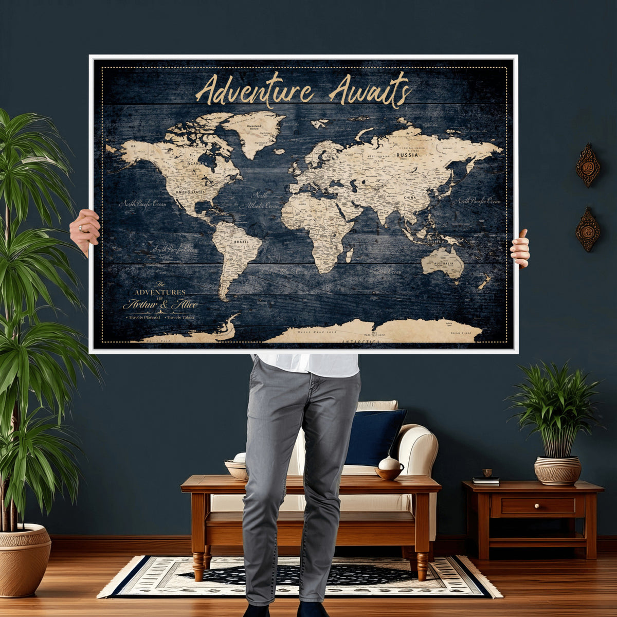 68817382-MGV-CV-36X24 - Extra Large Vintage Personalized Push Pin World Map Wall Art Canvas Print
