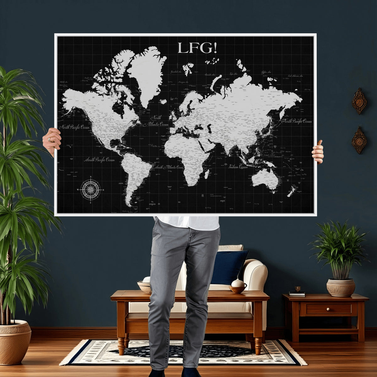 68209291-MGV-CV-36X24 - Extra Large Framed Personalize Push Pin World Map Wall Art Canvas Print for Travel Tracking