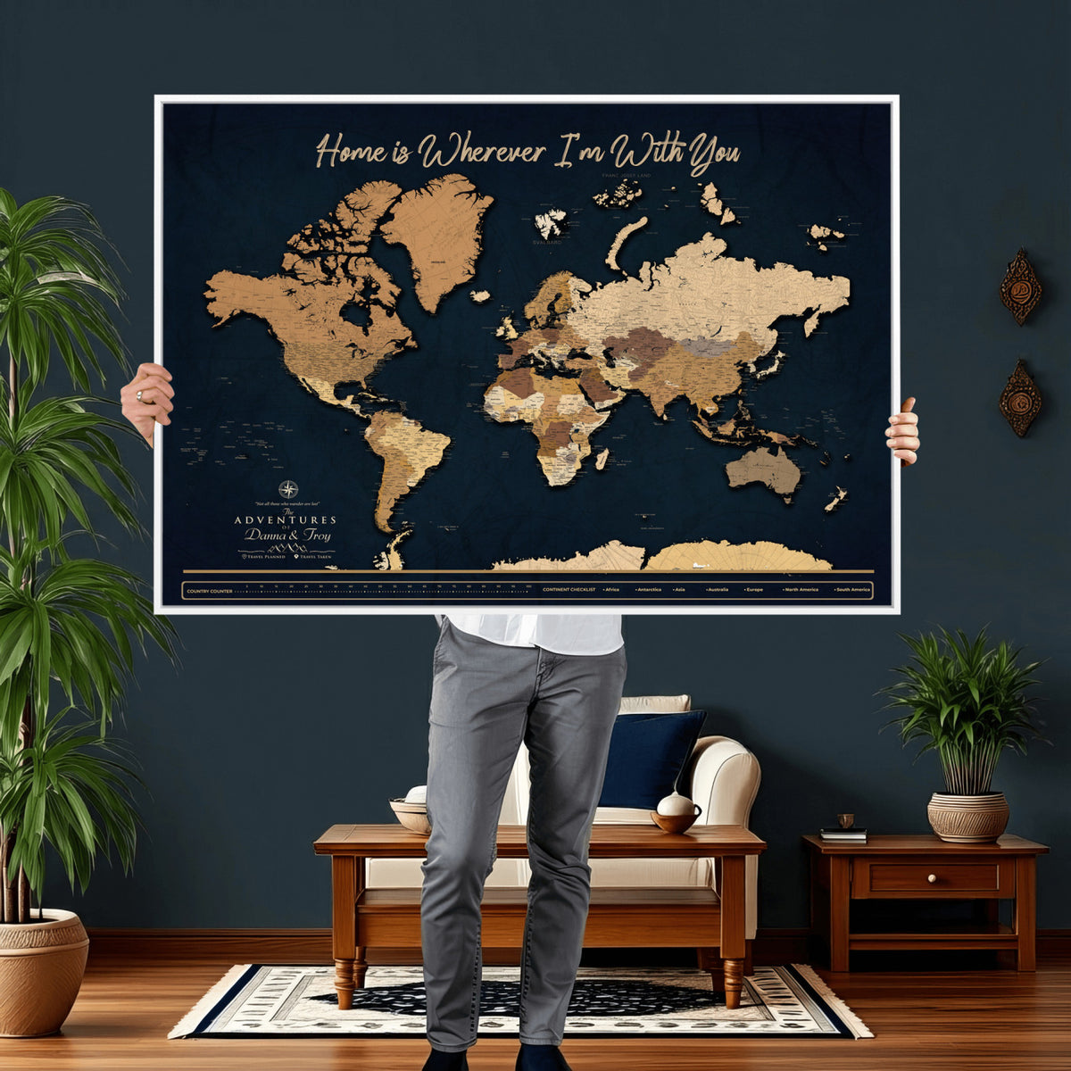 13903533-MGV-CV-36X24 - Extra Large Framed Personalize Push Pin World Map Wall Art Canvas Print for Travel Tracking