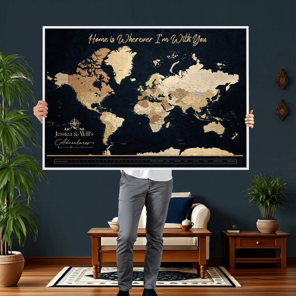 43430657-MGV-CV-36X24 - Extra Large Framed Personalize Push Pin World Map Wall Art Canvas Print for Travel Tracking