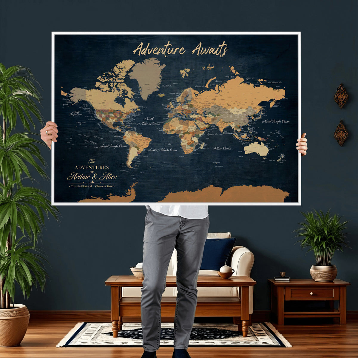 13350960-MGV-CV-36X24 - Extra Large Framed Personalize Push Pin World Map Wall Art Canvas Print for Travel Tracking