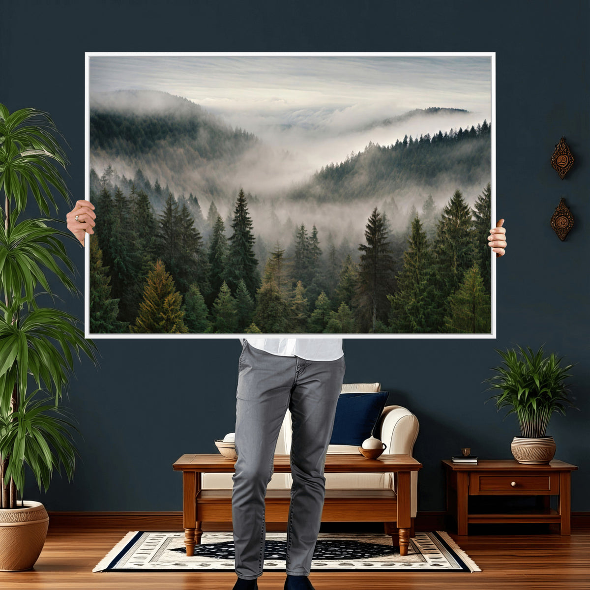 38409495-_Poster-30x20 - Misty Pine Valley Mountain Canvas Print 3 Piece Framed Wall Art Extra Large Floating Frame Nature Poster Made in USA