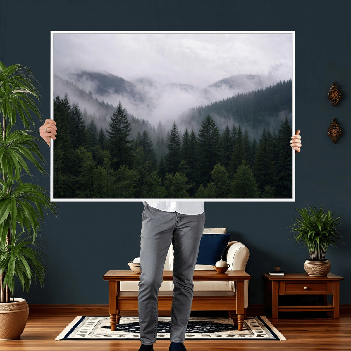 25432119-_Poster-30x20 - Misty Mountain Pine Forest Canvas Print 3 Piece Framed Wall Art Extra Large Floating Frame Nature Poster Made in USA
