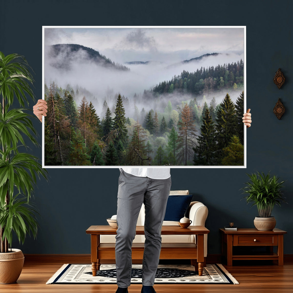 18735847-_Poster-30x20 - Foggy Pine Forest Mountain Canvas Print 3 Piece Framed Wall Art Extra Large Floating Frame Nature Poster Made in USA