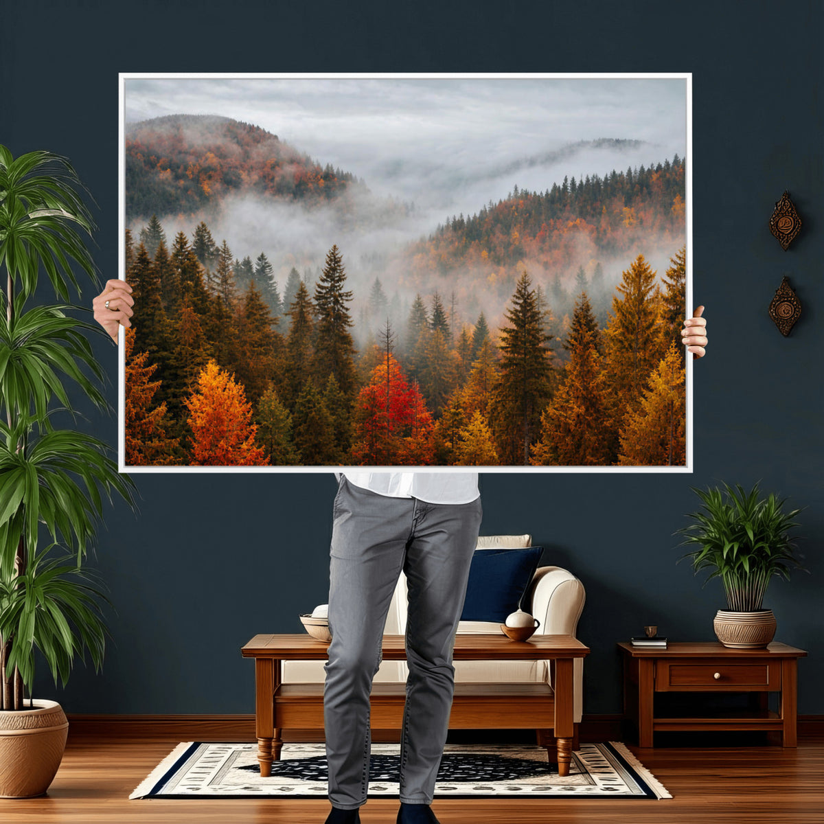 87481341-_Poster-30x20 - Foggy Autumn Mountain Canvas Print Smoky Pine Forest Wall Art Panoramic Nature Poster 3 Piece Made in USA