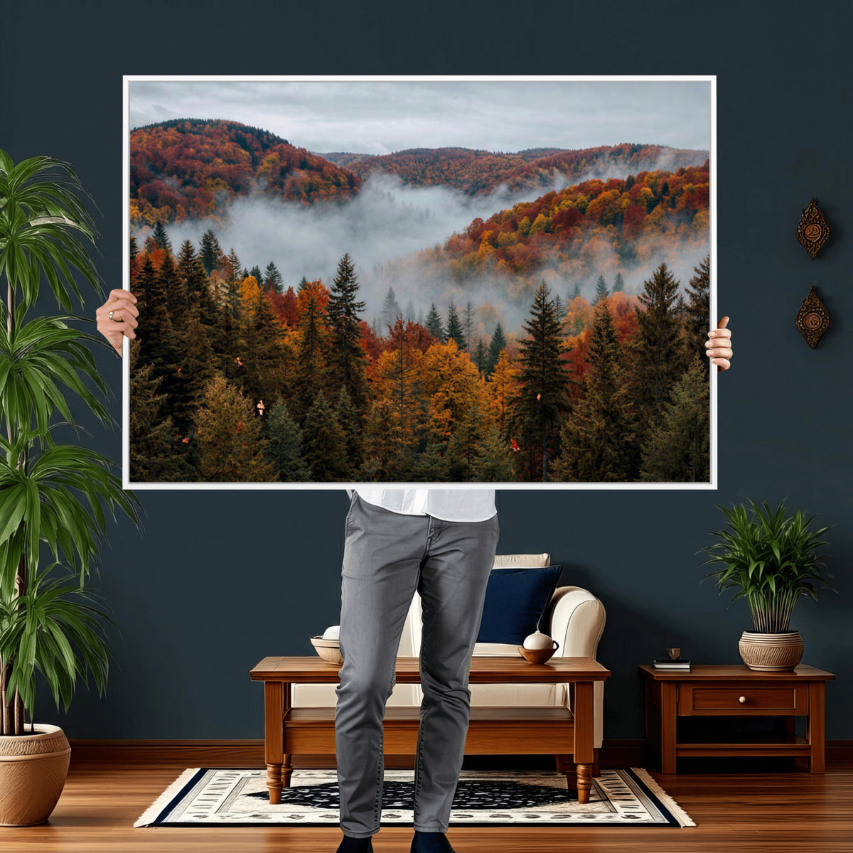 26686263-_Poster-30x20 - Misty Autumn Forest Mountain Canvas Print 3 Panel Wall Art Gallery Wrapped Floating Frame Poster Made in USA