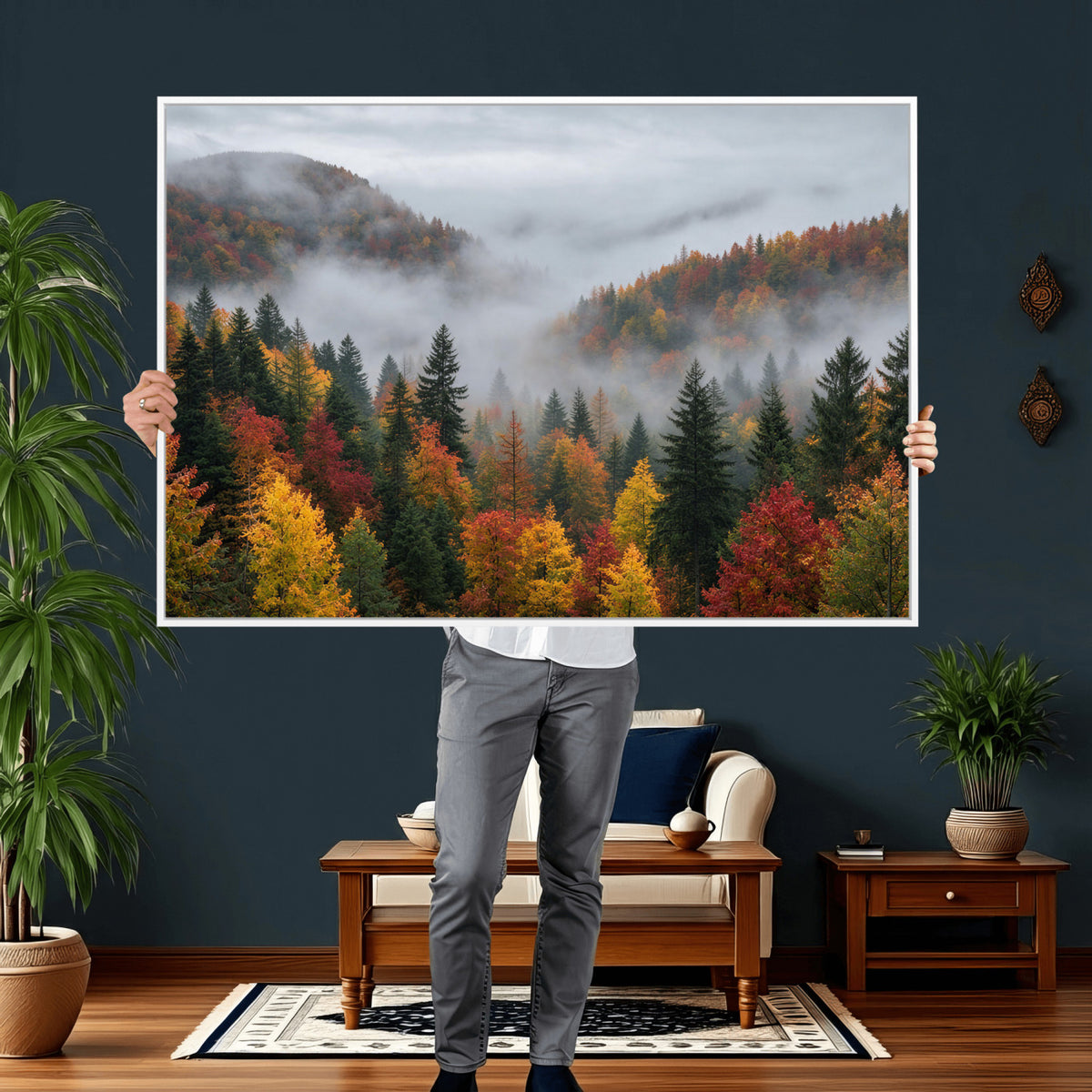 47877083-_Poster-30x20 - Fall Forest Misty Mountain Canvas Print Smoky Mountain Landscape Wall Art Autumn Trees Nature Poster Printing