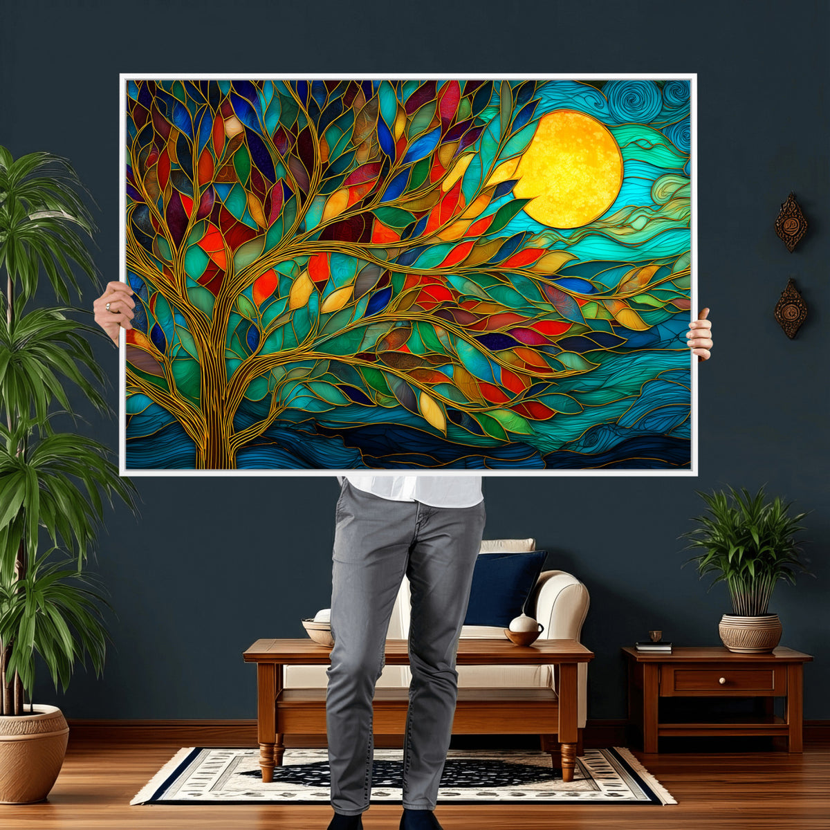 11877152-MGV-CV-36X24 - Stained Glass Tree Of Life Wall Art - Vibrant Mosaic Nature Home Decor