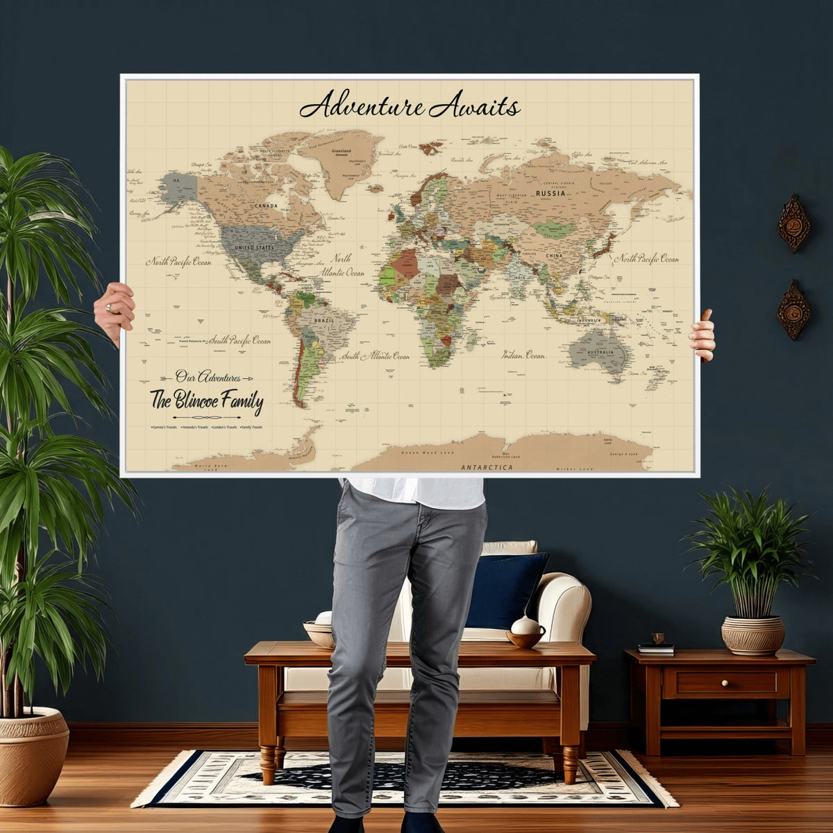 25730261D-MGV-CV-36X24 - Custom Push Pin World Map Wall Art Canvas Print | Personalized Travel Tracker with Pins Framed Large for Home and Office Decor