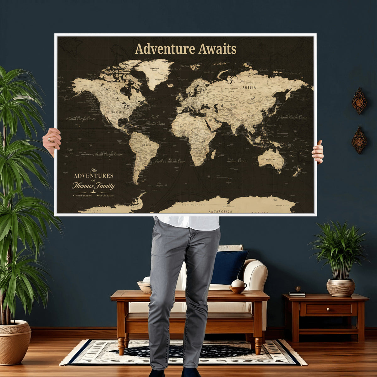 47597338D-MGV-CV-36X24 - Custom Push Pin World Map Wall Art Canvas Print | Personalized Travel Tracker with Pins Framed Large for Home and Office Decor