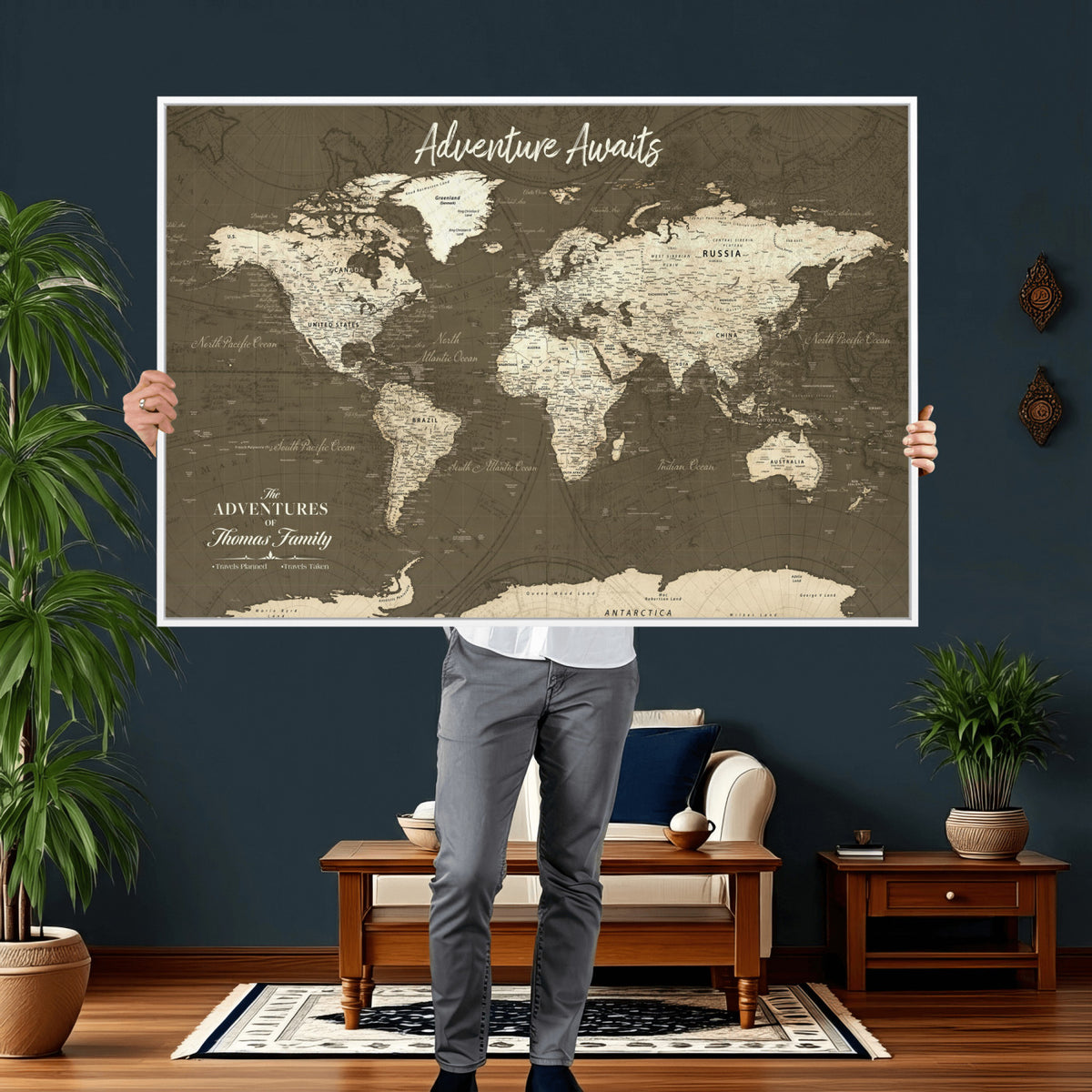 27762875D-MGV-CV-36X24 - Custom Push Pin World Map Wall Art Canvas Print | Personalized Travel Tracker with Pins Framed Large for Home and Office Decor