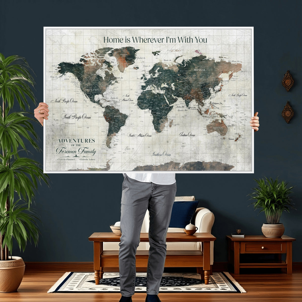 98050124D-MGV-CV-36X24 - Custom Push Pin World Map Wall Art Canvas Print | Personalized Travel Tracker with Pins Framed Large for Home and Office Decor
