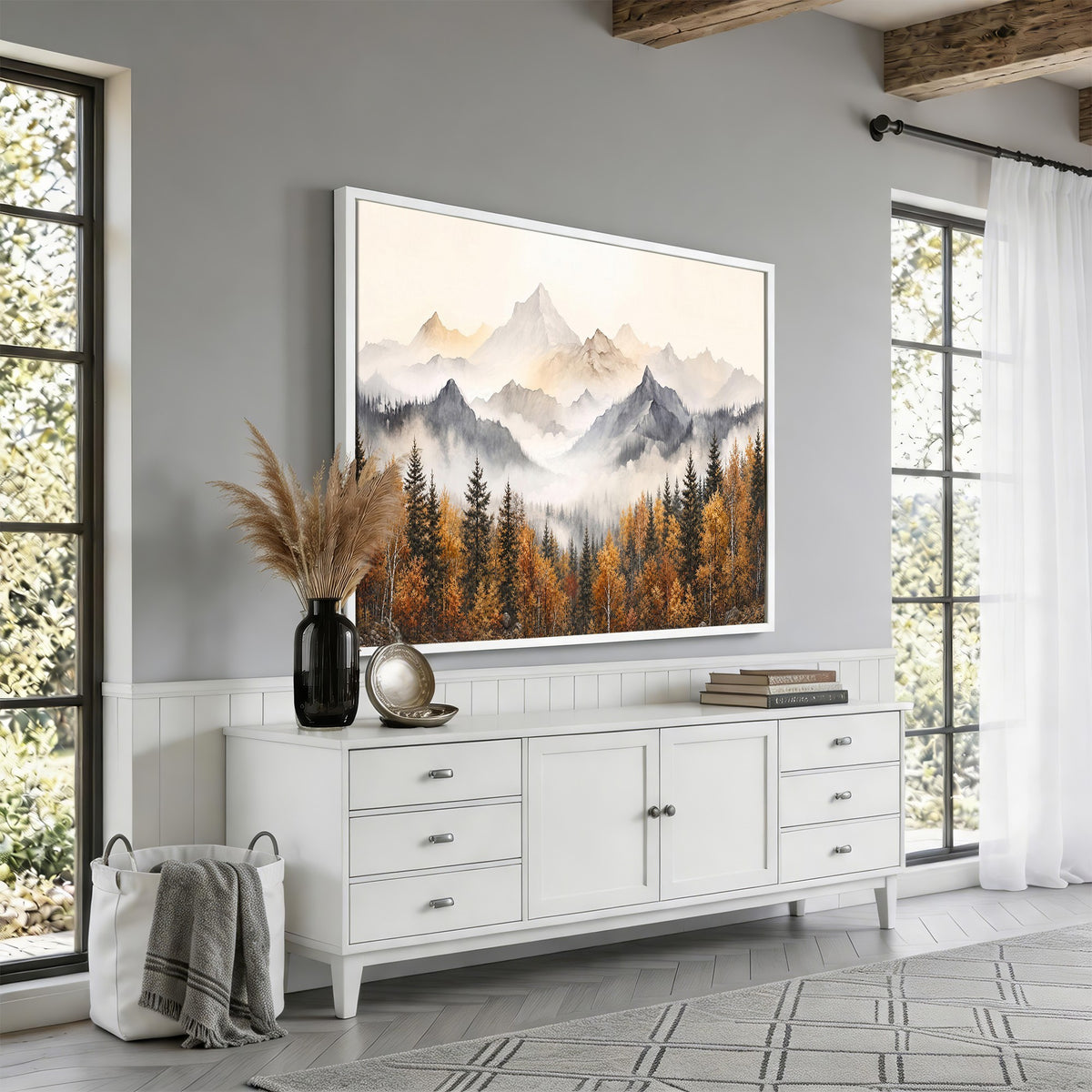19544118-_Poster-30x20 - Misty Mountain Autumn Forest Canvas Wall Art - Watercolor Fall Nature Landscape Print