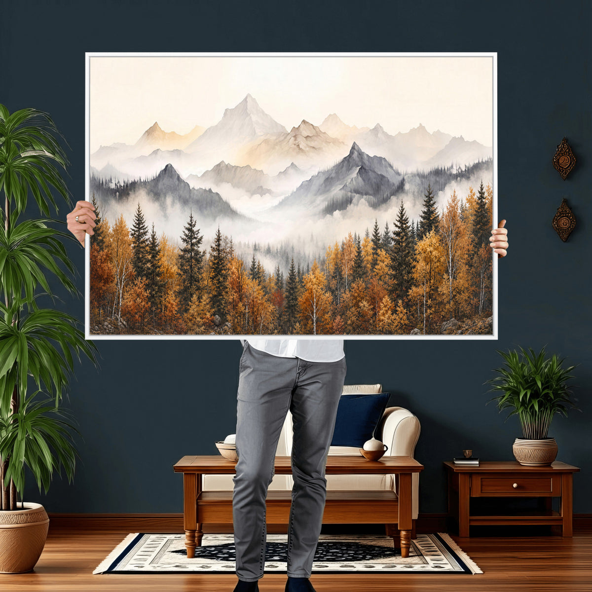 19544118-MGV-TP-30X20 - Misty Mountain Autumn Forest Canvas Wall Art - Watercolor Fall Nature Landscape Print