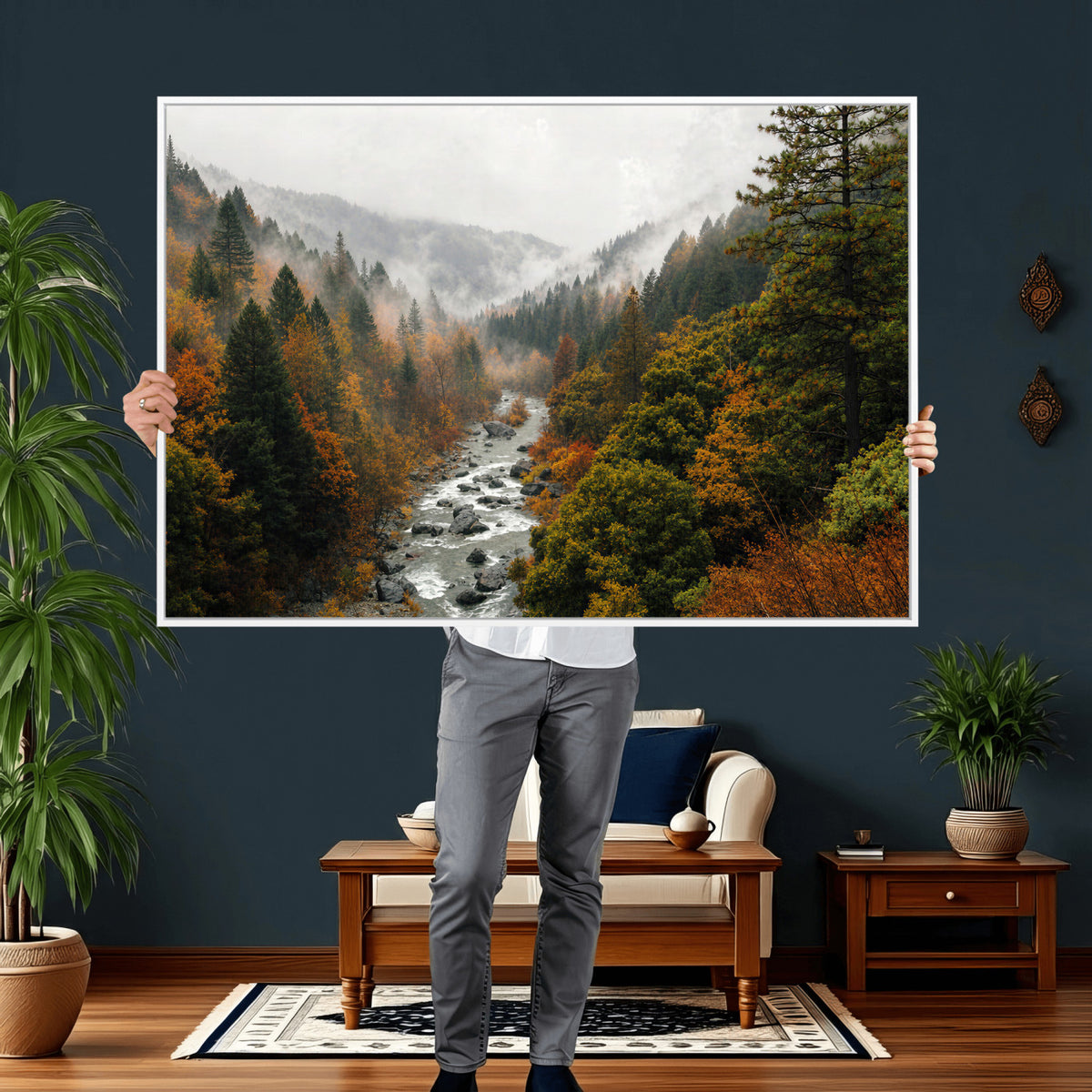 95540697-MGV-TP-30X20 - Misty River Mountain Valley Canvas Wall Art - Autumn Forest Landscape Nature Print