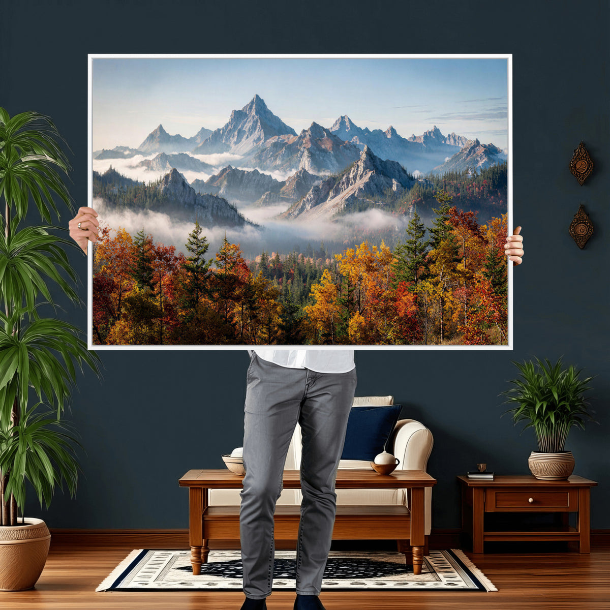 38847944-MGV-TP-30X20 - Majestic Mountain Peak Canvas Wall Art - Panoramic Autumn Forest Fog Landscape Print
