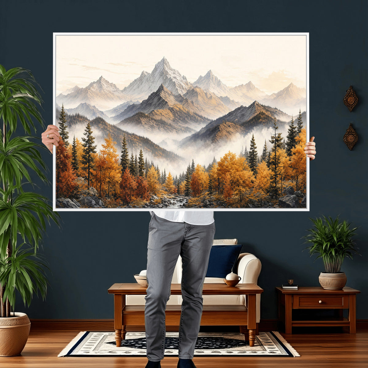 21309099-MGV-TP-30X20 - Extra Large Misty Mountain Autumn Forest Canvas Wall Art - Watercolor Fall Nature Landscape Print