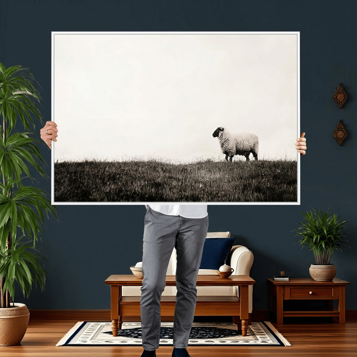 72749448-MGV-TP-30X20 - Minimalist Sepia Sheep Canvas Wall Art - Rustic Farmhouse Country Landscape Print