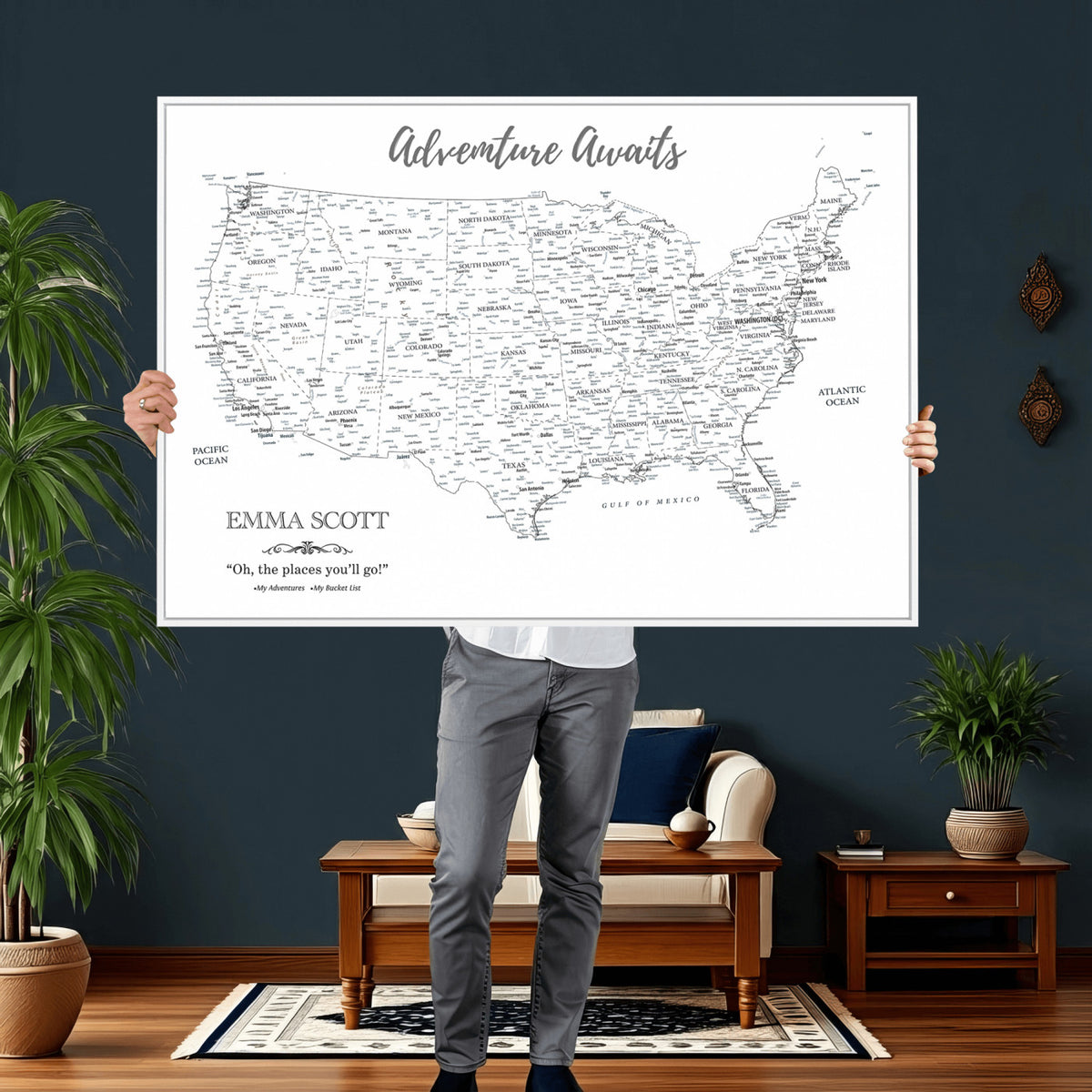 73634814-MGV-CV-36X24 - Custom USA Push Pin Travel Map Canvas Wall Art - Personalized Couples Gift Flat Digital Print